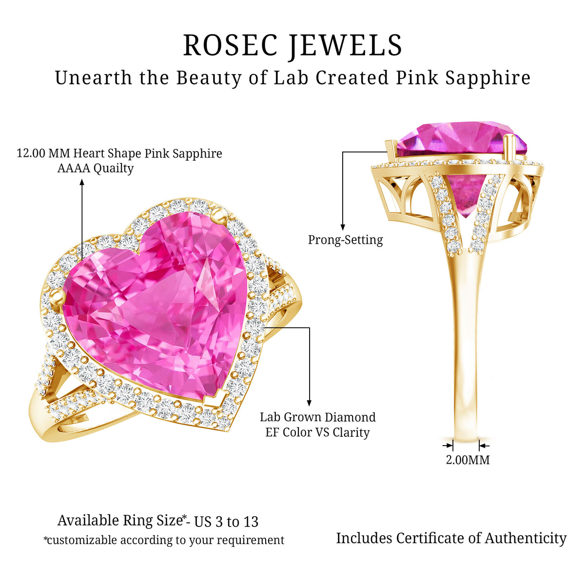 5.6 Carat Lab Created Pink Sapphire Heart Engagement Ring with Diamond Halo AAAA - Rosec Jewels