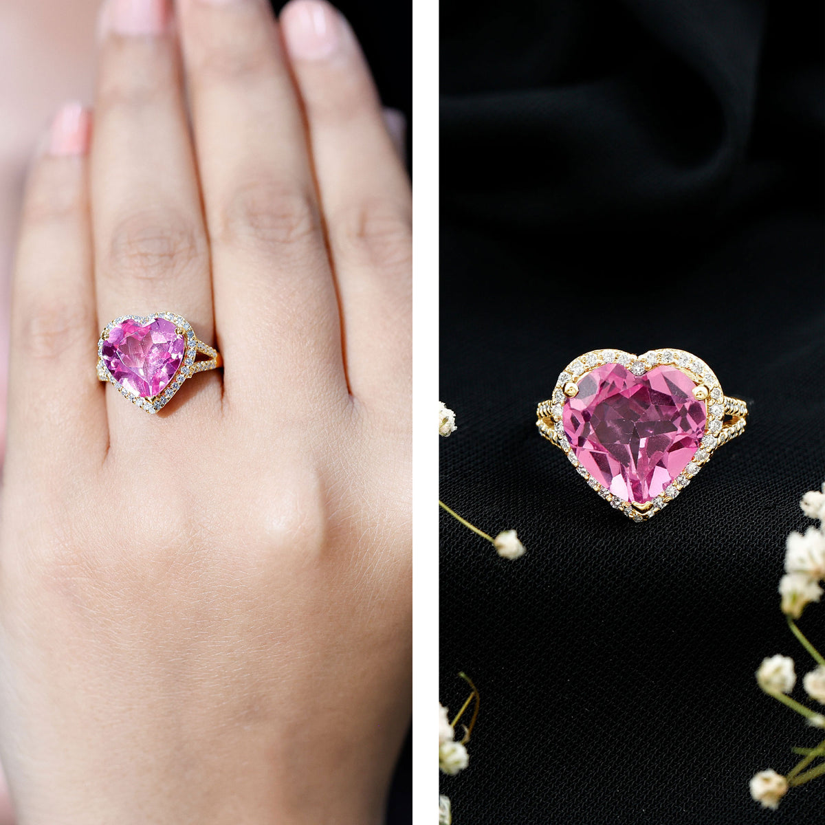 5.6 Carat Lab Created Pink Sapphire Heart Engagement Ring with Diamond Halo AAAA - Rosec Jewels