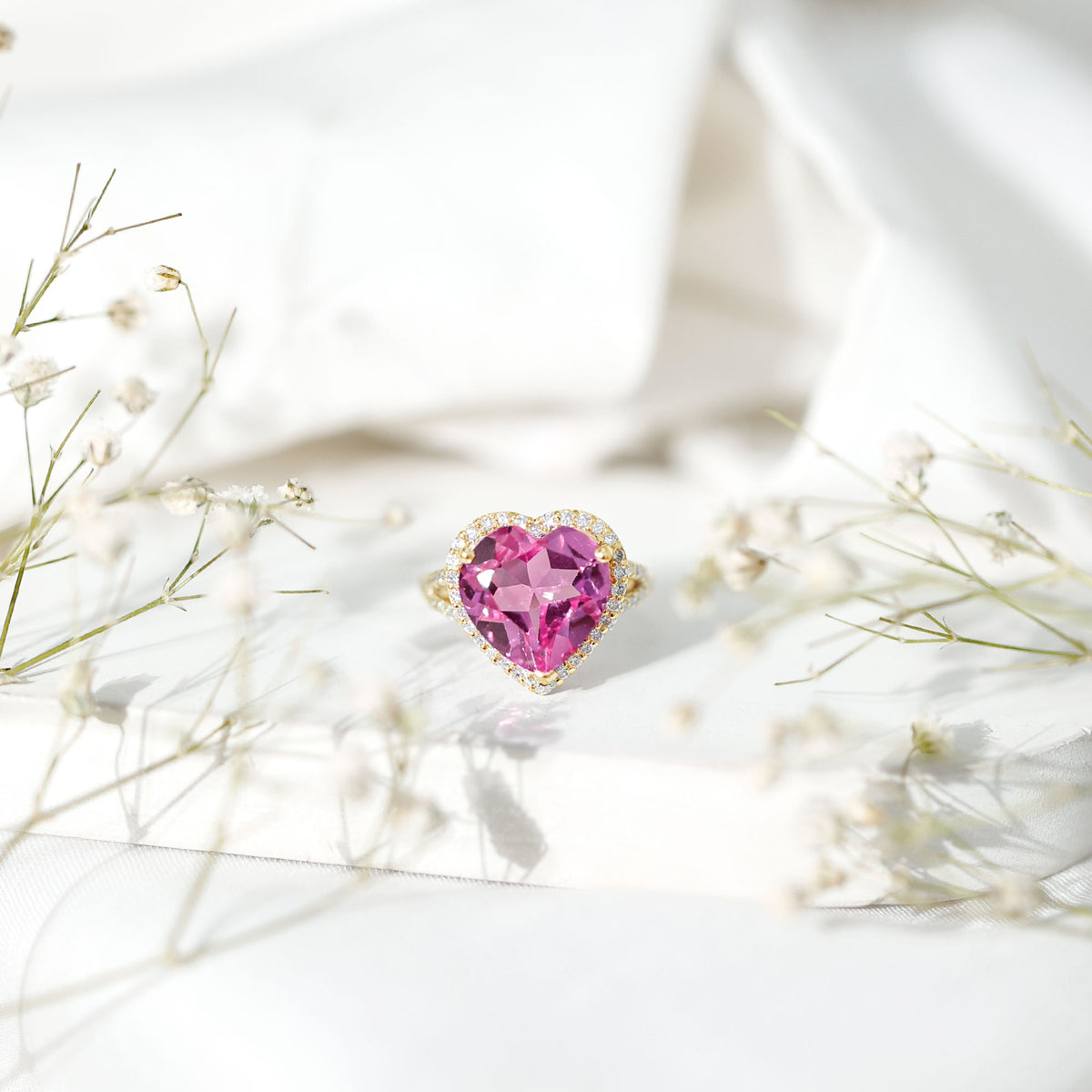 5.6 Carat Lab Created Pink Sapphire Heart Engagement Ring with Diamond Halo AAAA - Rosec Jewels