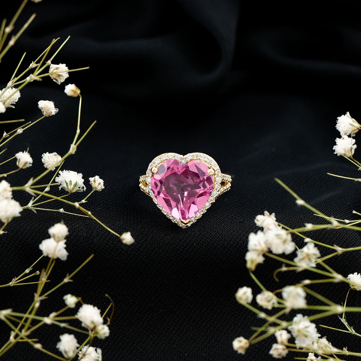 5.6 Carat Lab Created Pink Sapphire Heart Engagement Ring with Diamond Halo AAAA - Rosec Jewels