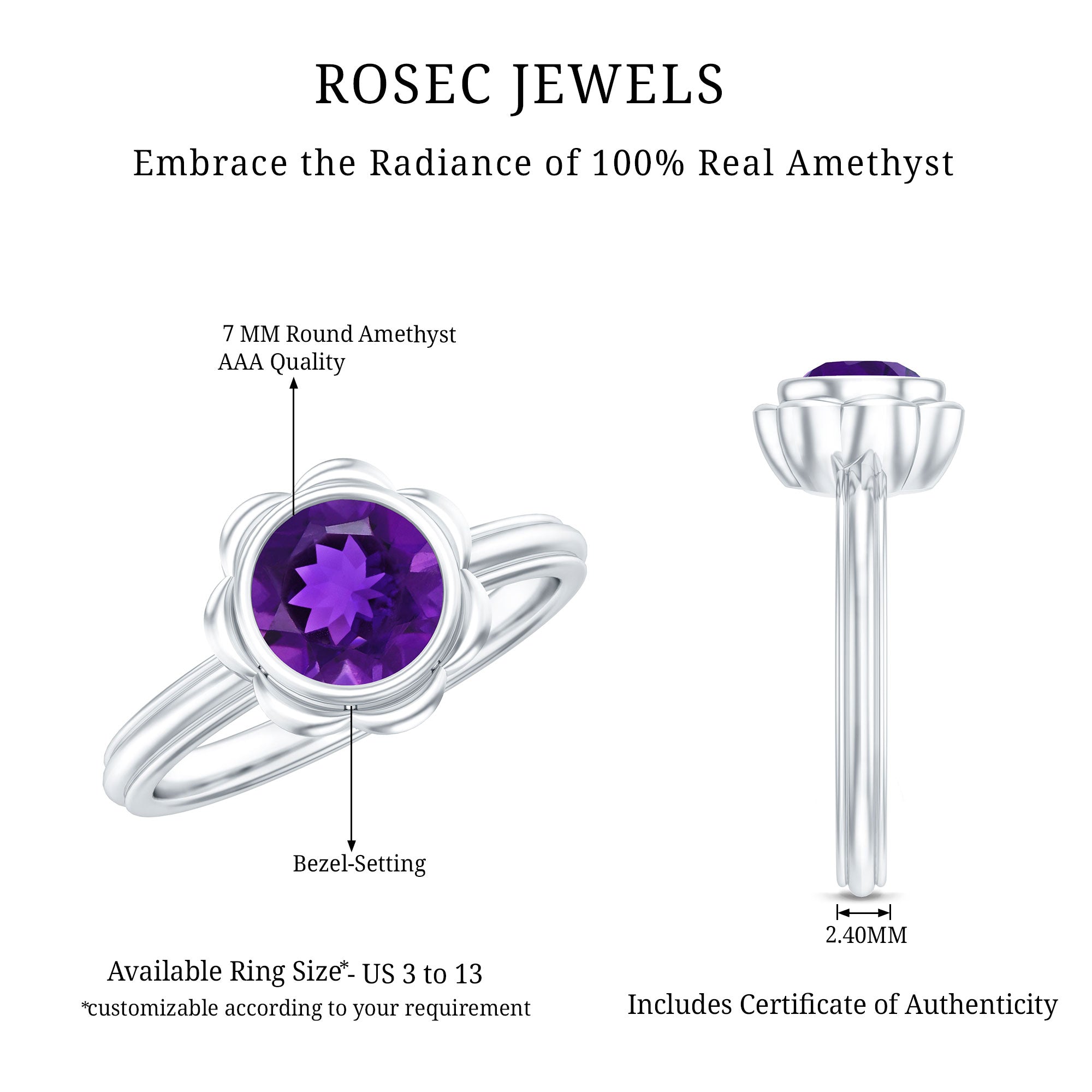 Rosec Jewels-1 Carat Amethyst Engagement Ring in Bezel Setting