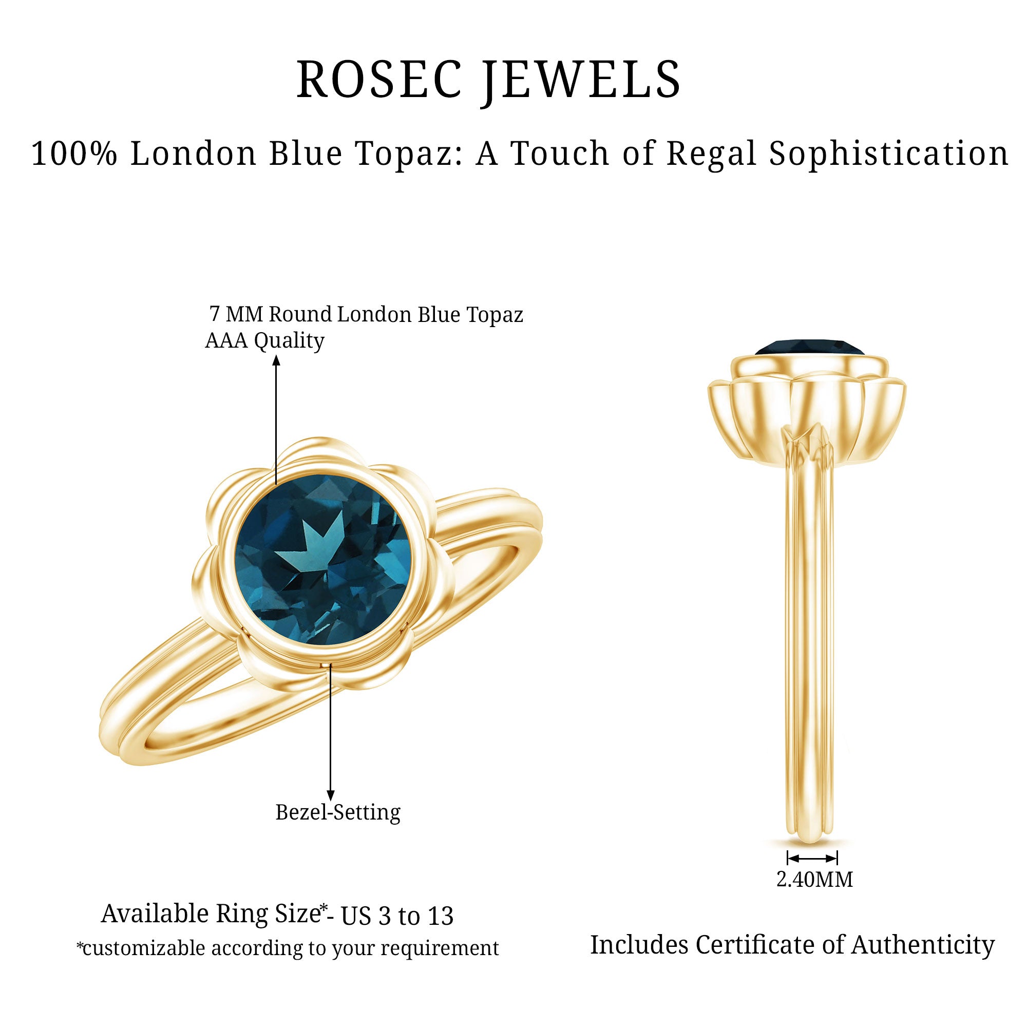 Rosec Jewels-Genuine 1.35 Carat London Blue Topaz Solitaire Engagement Ring