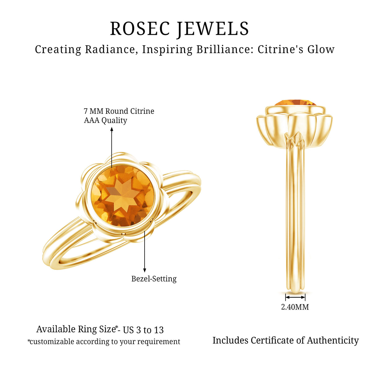 1.2 Carat Citrine Solitaire Engagement Ring in Bezel Setting AAA - Rosec Jewels