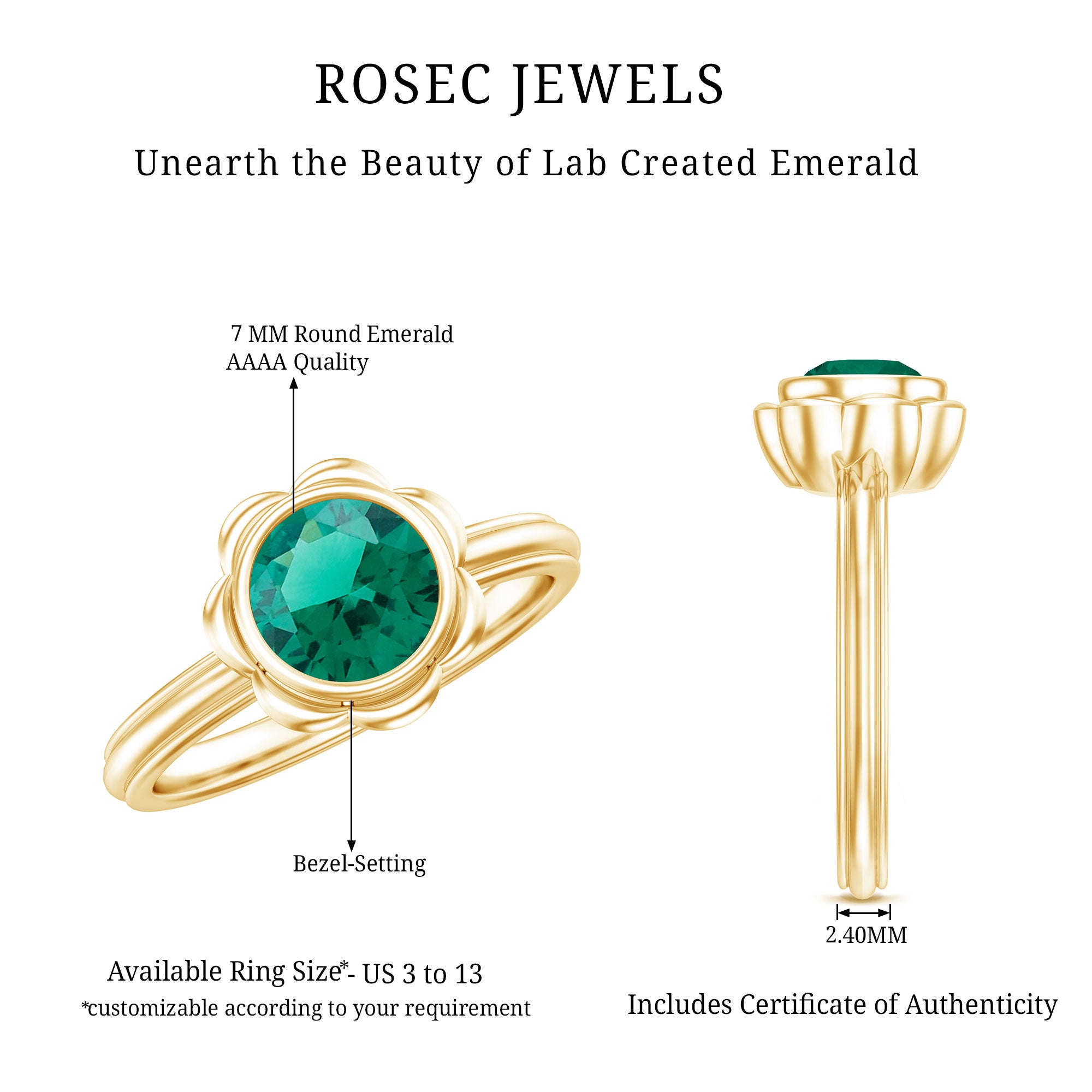 Rosec Jewels-Bezel Set Lab Created Emerald Solitaire Engagement Ring