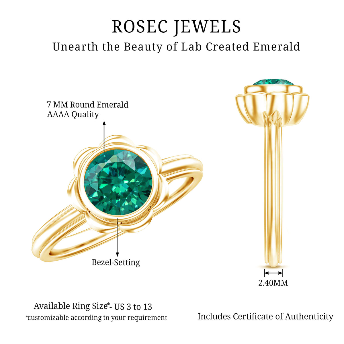 Bezel Set Lab Created Emerald Solitaire Engagement Ring AAAA - Rosec Jewels
