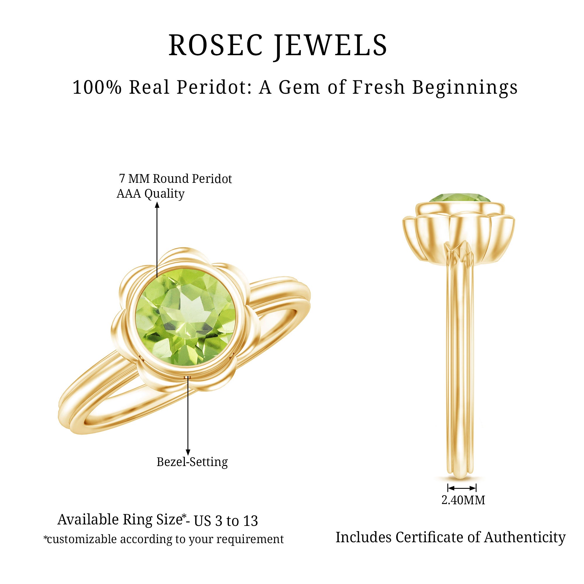 Rosec Jewels-Bezel Set 1.2 Carat Peridot Engagement Ring for Women