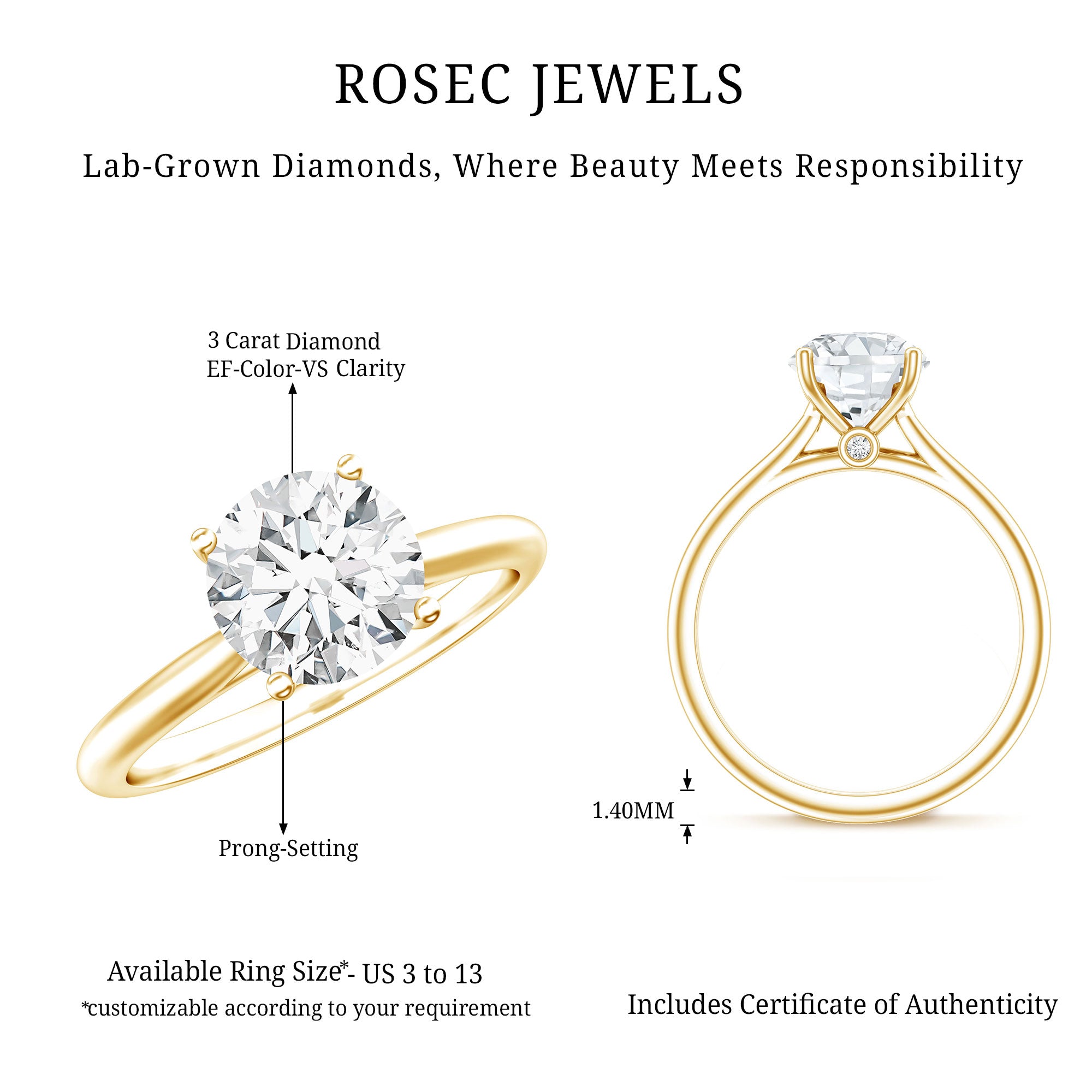 3 Carat IGI Certified Lab Grown Diamond Solitaire Engagement Ring Lab - ( E-VS1 ) - Rosec Jewels