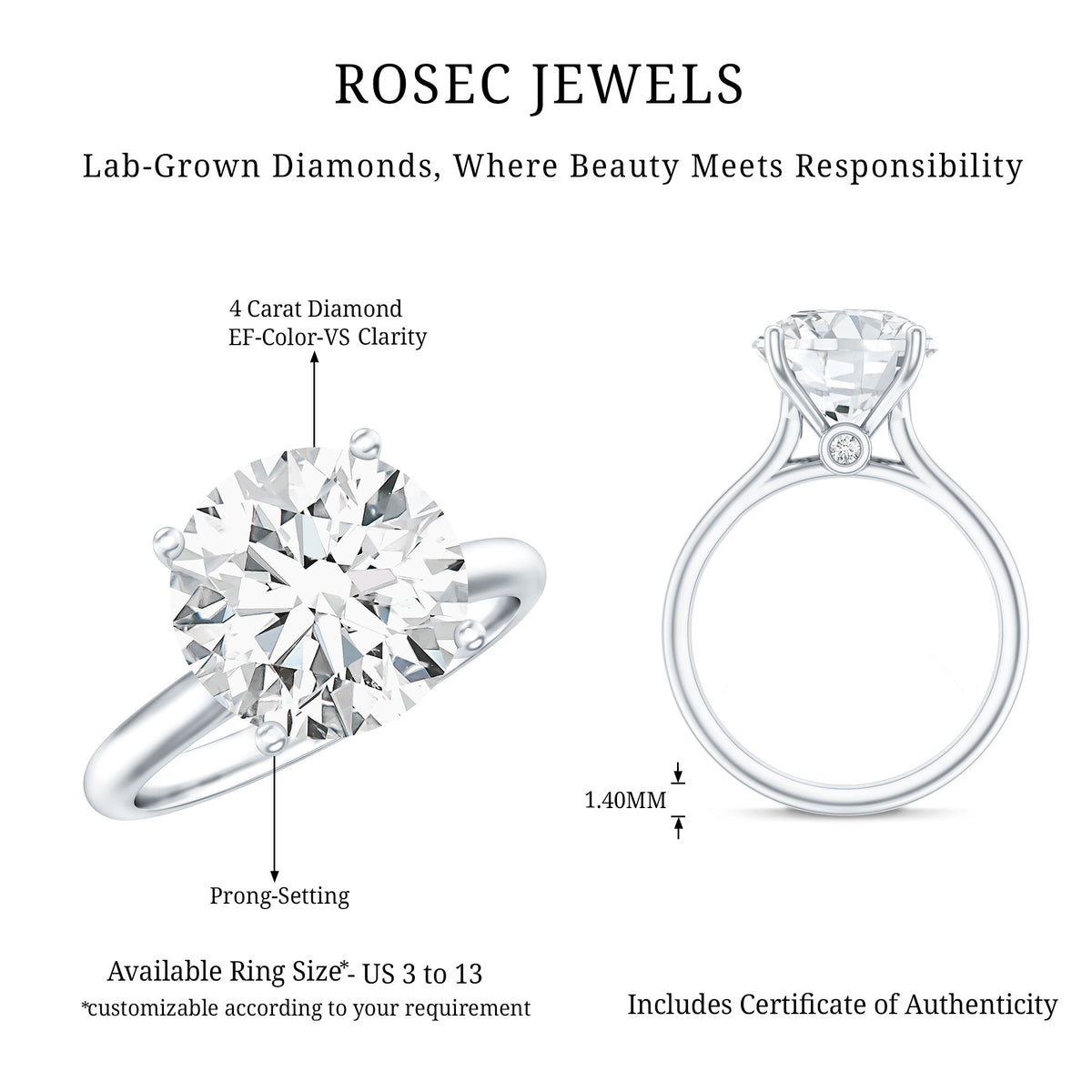 IGI Certified 4 Carat Lab Grown Diamond Engagement Ring Lab - ( E-VS1 ) - Rosec Jewels