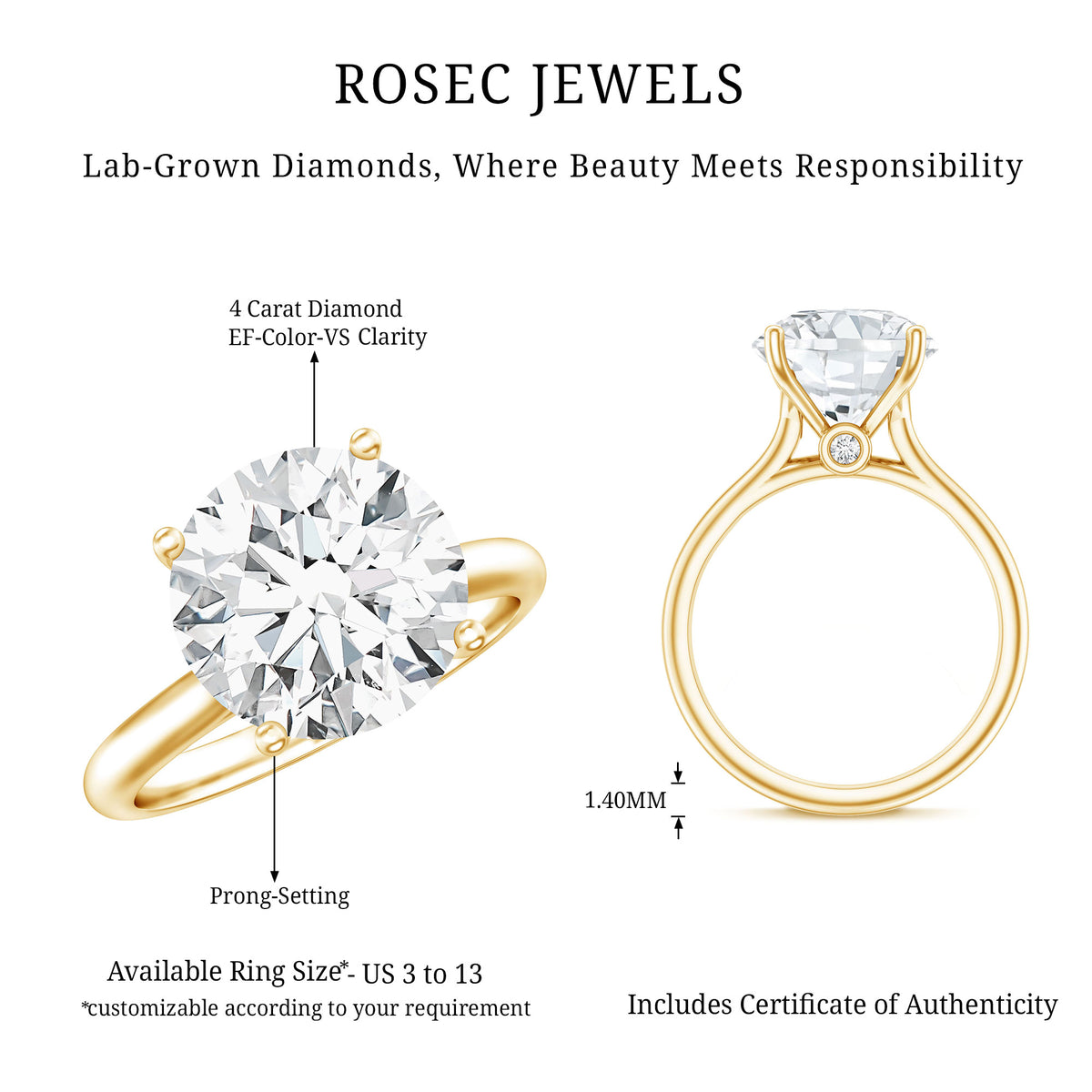 IGI Certified 4 Carat Lab Grown Diamond Engagement Ring Lab - ( E-VS1 ) - Rosec Jewels