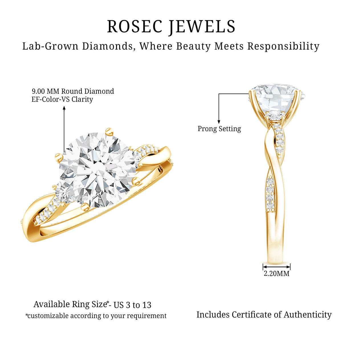 3 Carat Lab Grown Diamond Braided Engagement Ring with IGI Certificate Lab - ( E-VS1 ) - Rosec Jewels