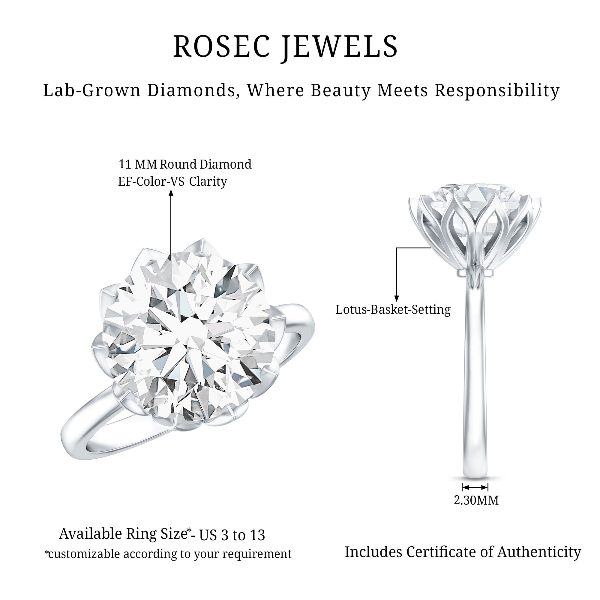 Rosec Jewels-5 Carat Lab Diamond Solitaire Engagement Ring with IGI Certificate