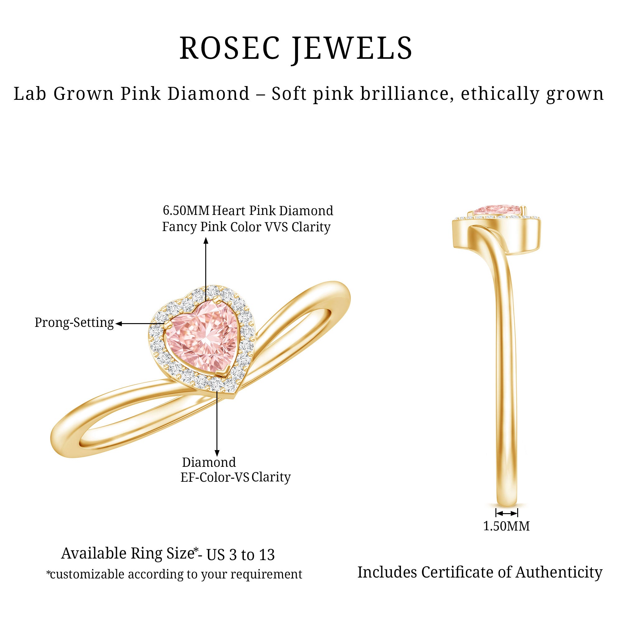 Rosec Jewels-Certified Lab Grown Pink Diamond Heart Promise Ring with Halo