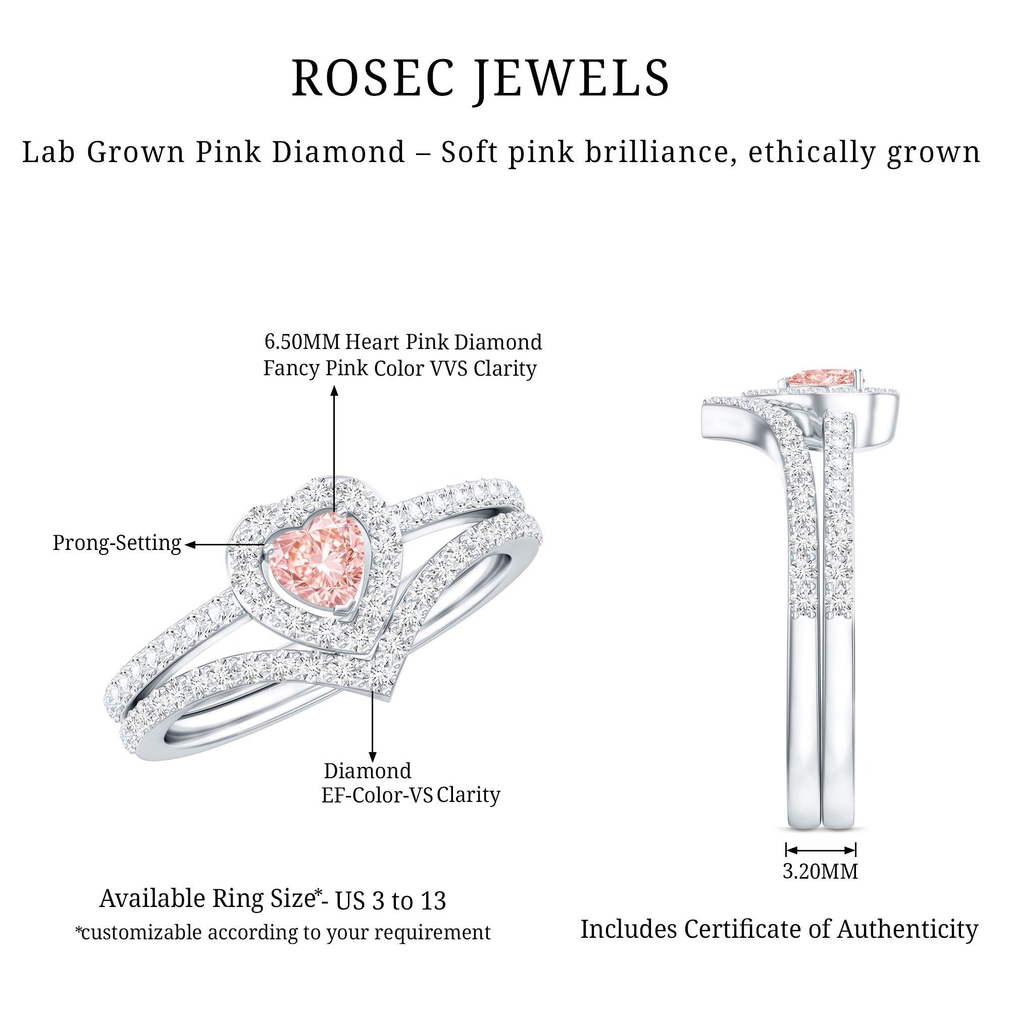 Rosec Jewels-Heart Shape Lab Grown Pink and White Diamond Wedding Ring Set