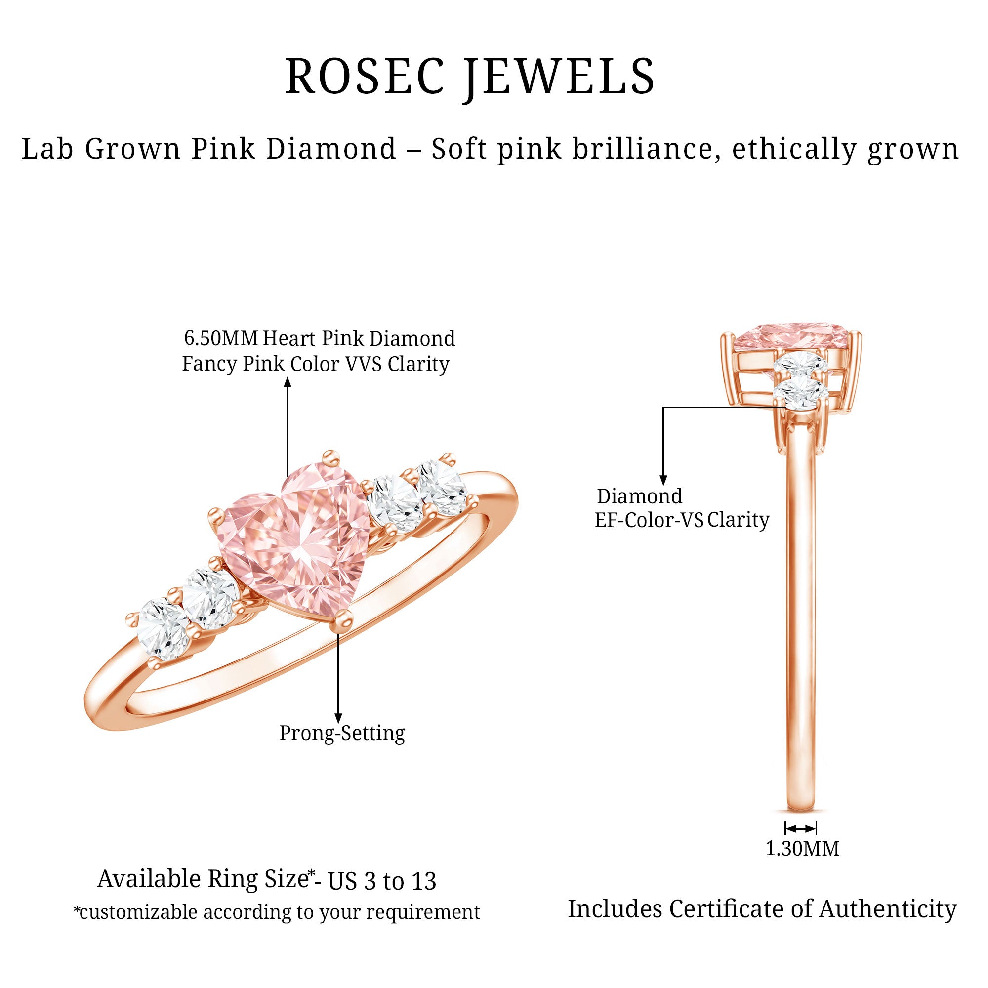 Rosec Jewels-1 Carat Lab Grown Pink and White Diamond Heart Promise Ring for Her