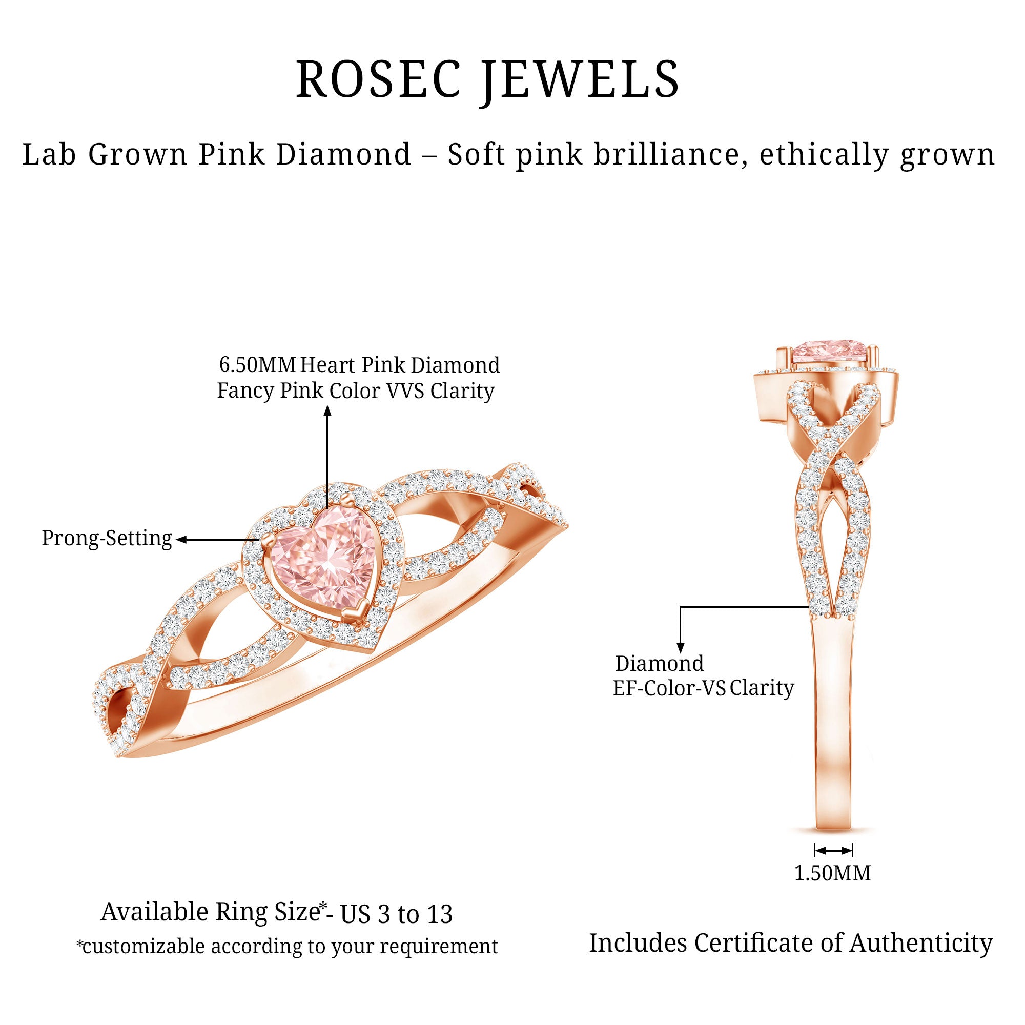Rosec Jewels-1 Carat Lab Grown Pink and White Diamond Classic Engagement Ring