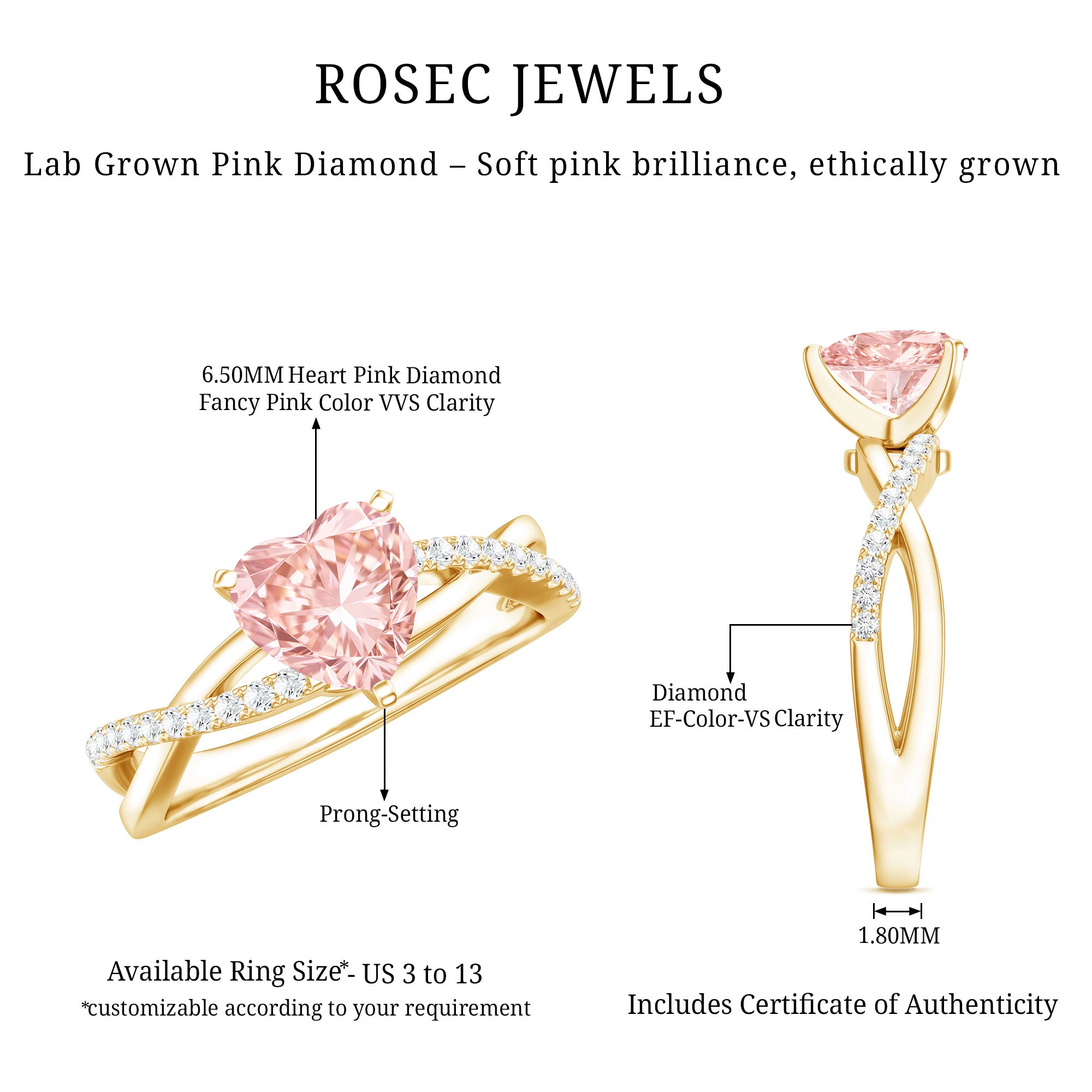 Rosec Jewels-1 CT Solitaire Lab Grown Pink Diamond Heart Engagement Ring