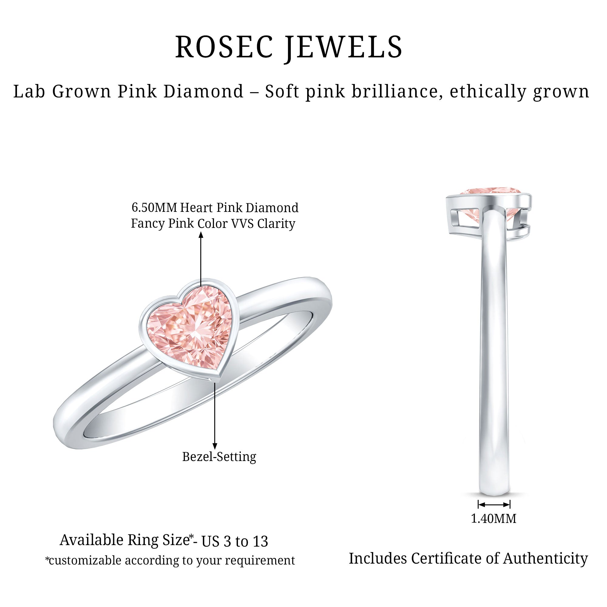 Rosec Jewels-Bezel Set Lab Grown Pink Diamond Solitaire Promise Ring