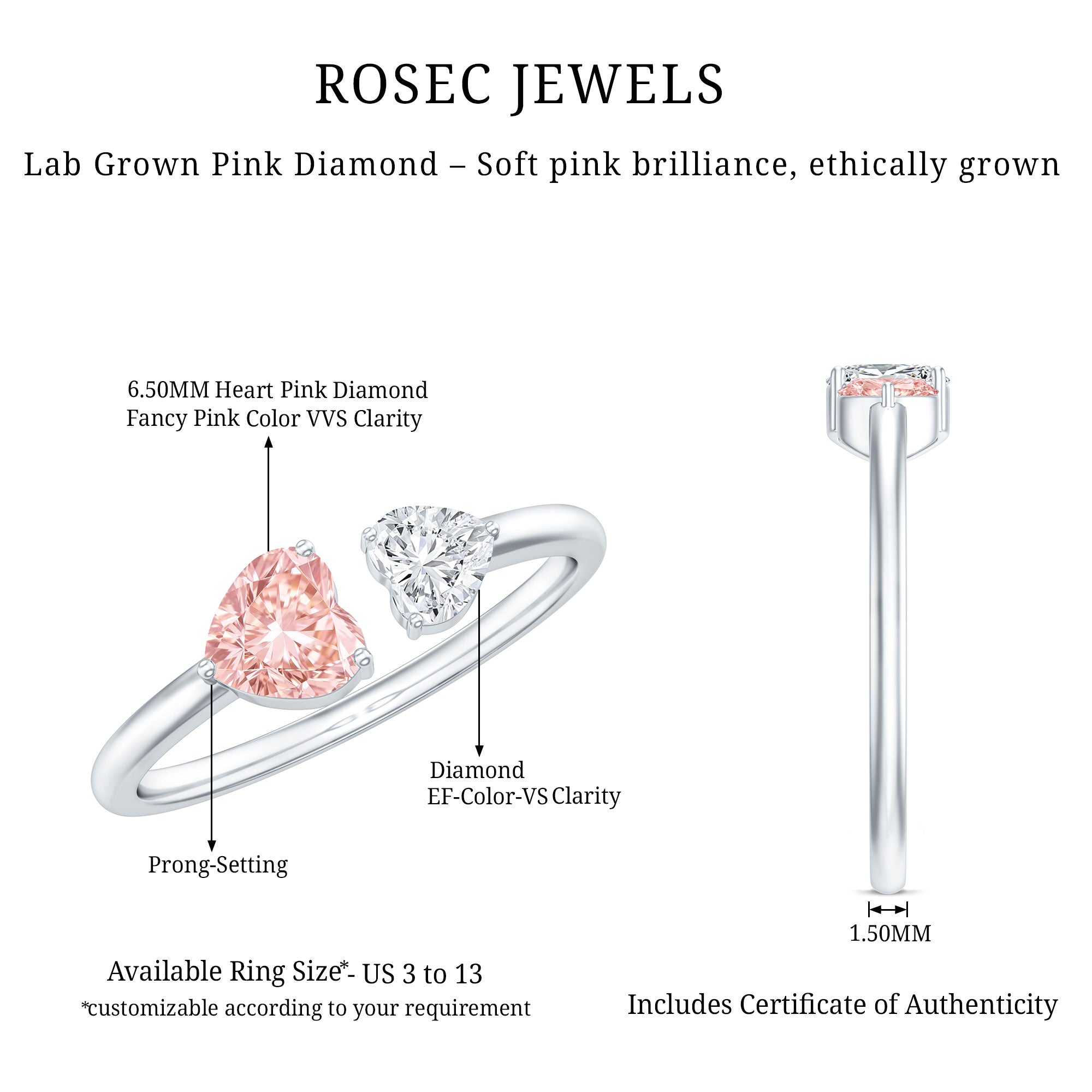 Rosec Jewels-Heart Shape Lab Grown Pink White Diamond Toi Et Moi Promise Ring