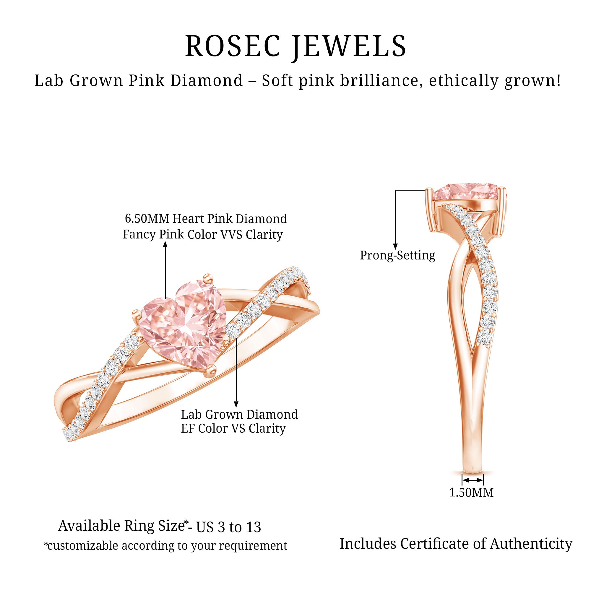 Rosec Jewels-1 CT Heart Shaped Lab Grown Pink Diamond Infinity Engagement Ring