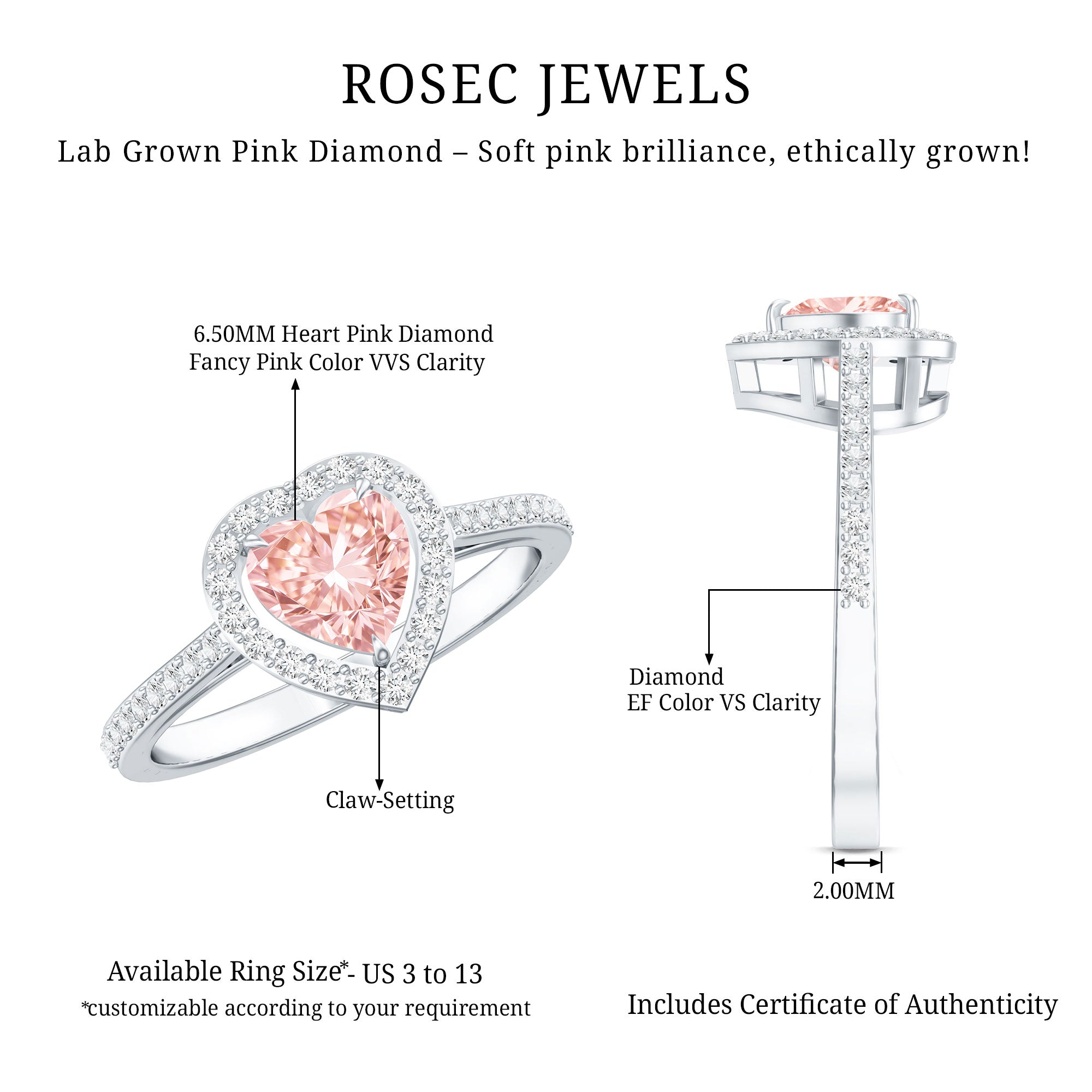 Rosec Jewels-Heart Shape 1 CT Lab Grown Pink White Diamond Halo Engagement Ring