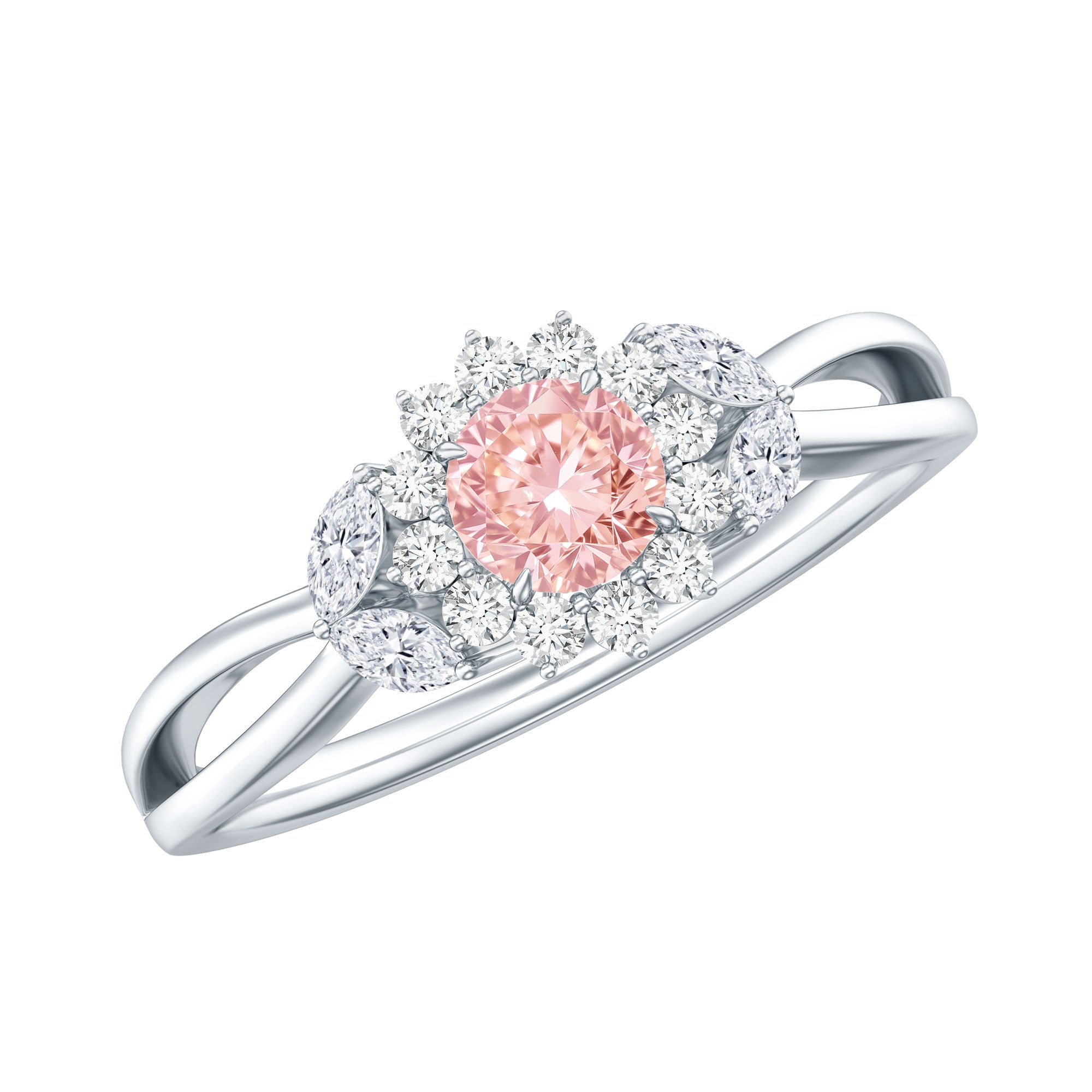 Lab Grown Pink and White Diamond Flower Engagement Ring