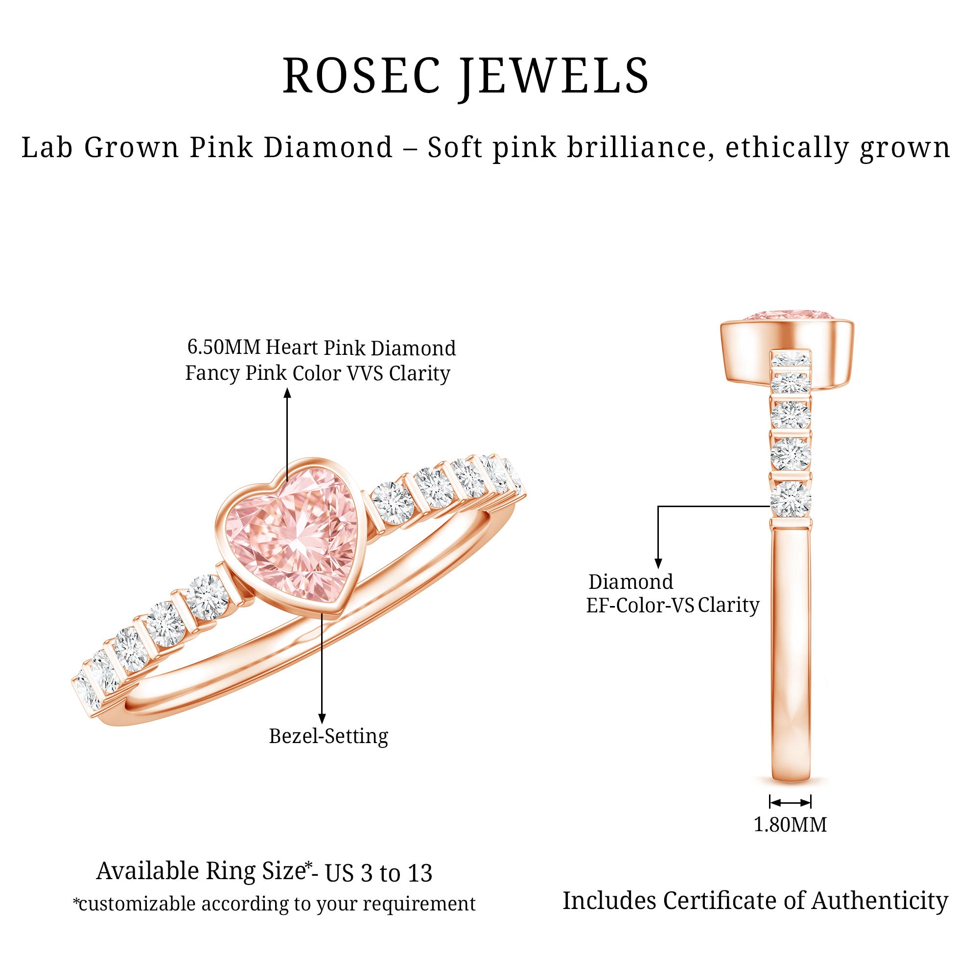 Rosec Jewels-1 CT Lab Grown Pink Diamond Heart Engagement Ring with Side Stones