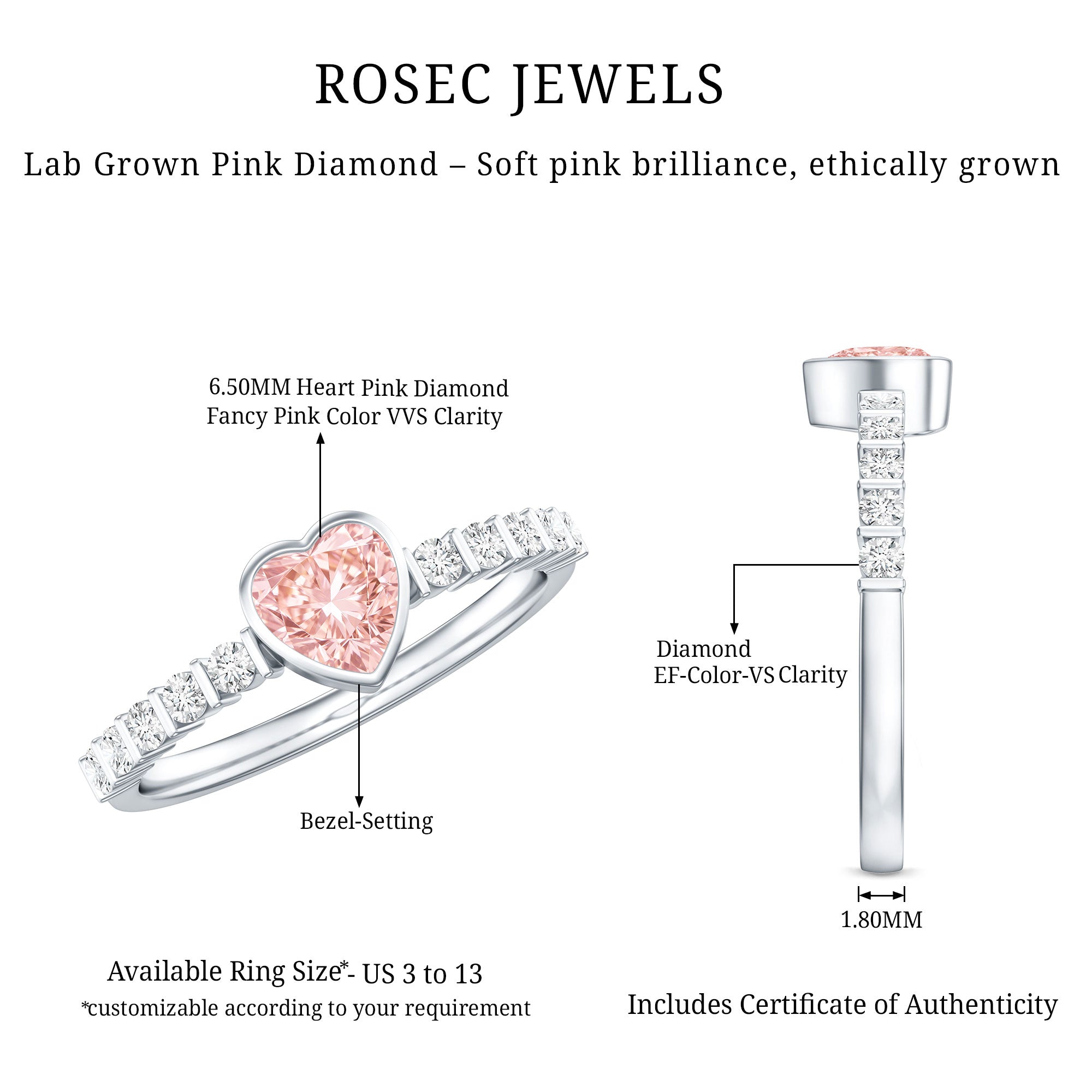 Rosec Jewels-1 CT Lab Grown Pink Diamond Heart Engagement Ring with Side Stones