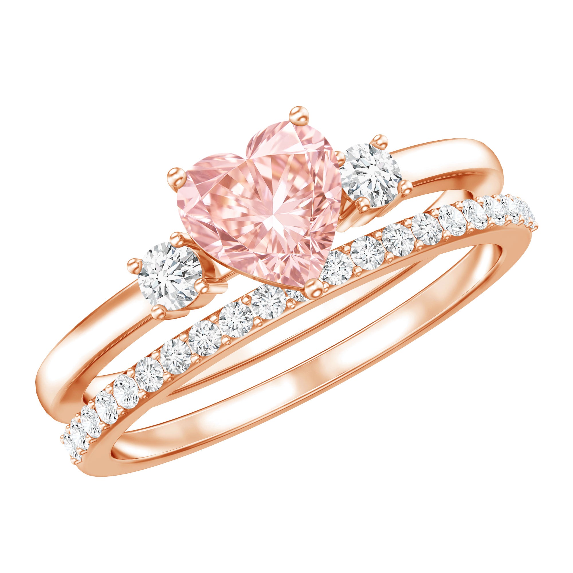 Rosec Jewels-Lab Grown Pink Heart Engagement Ring With Diamond Wedding Band