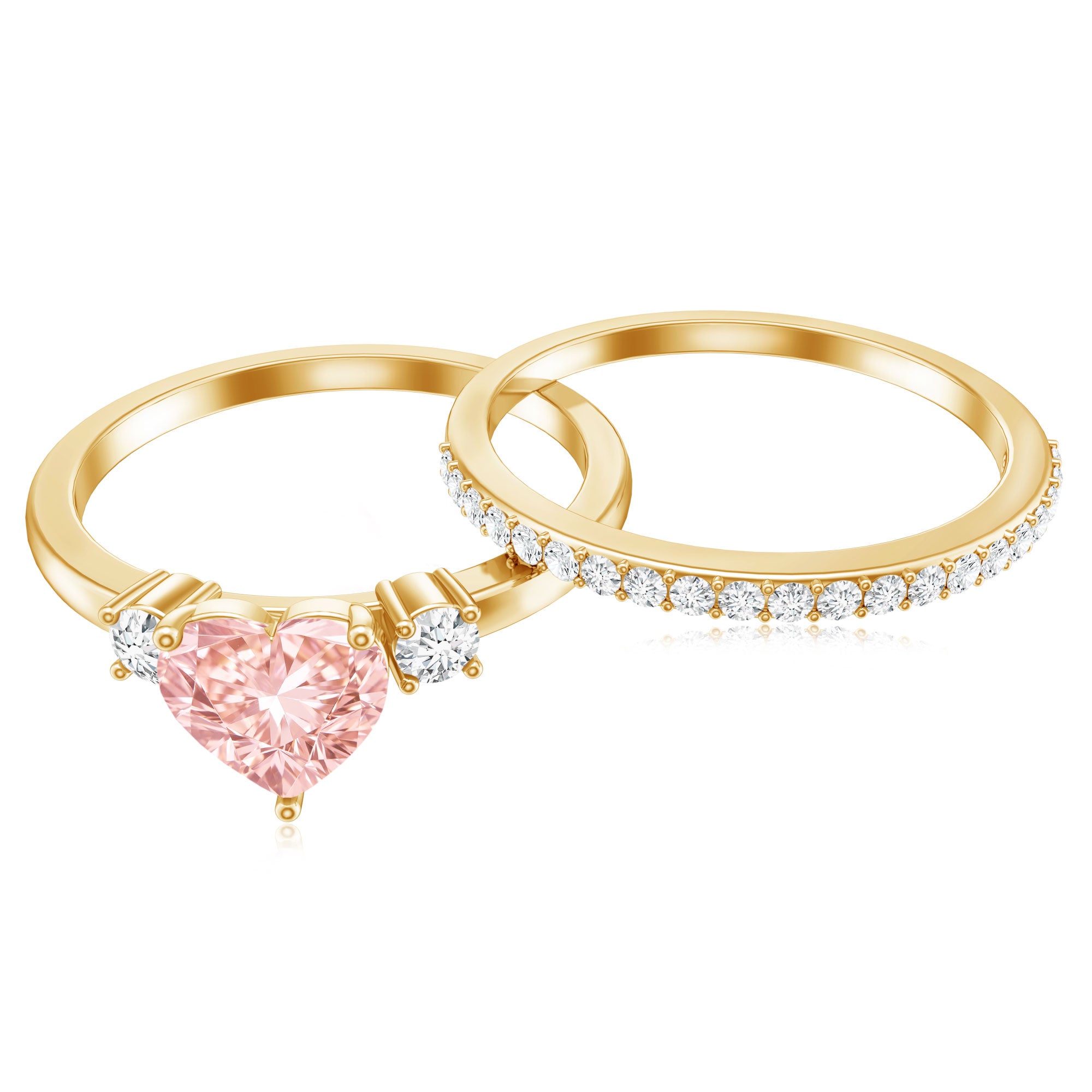 Rosec Jewels-Lab Grown Pink Heart Engagement Ring With Diamond Wedding Band