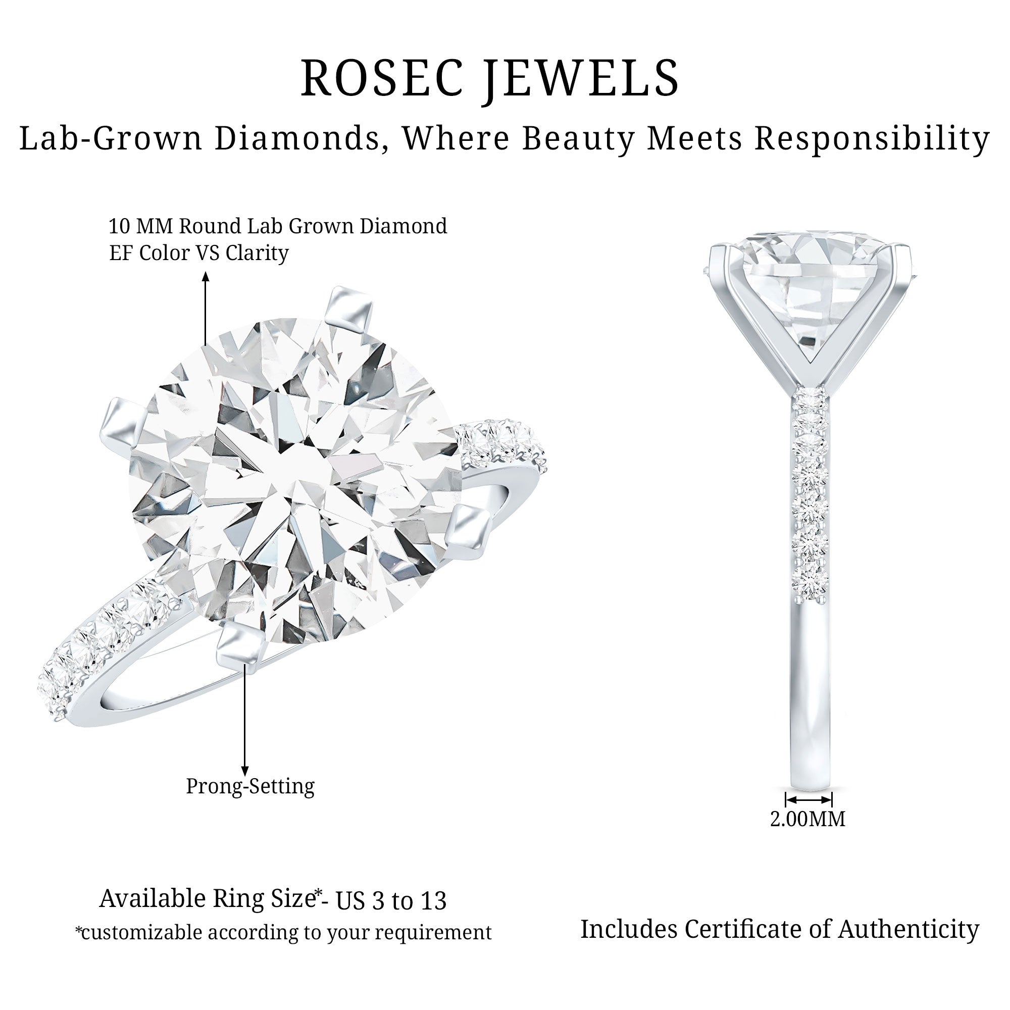 Rosec Jewels-Lab Grown 4 Carat Diamond Solitaire Engagement Ring with IGI Certificate