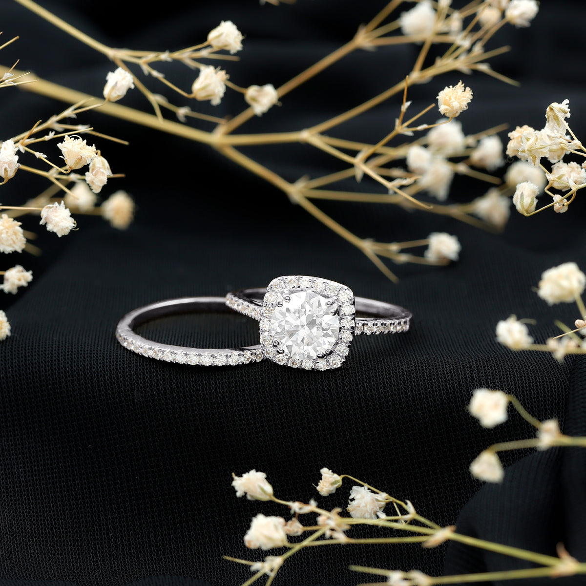 Round Certified Moissanite Wedding Ring Set with Halo D-VS1 - Rosec Jewels