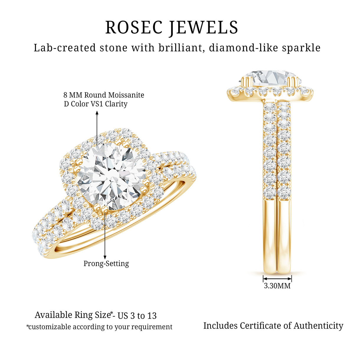 Round Certified Moissanite Wedding Ring Set with Halo D-VS1 - Rosec Jewels