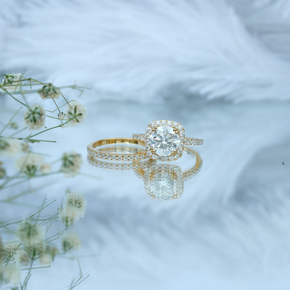 Round Certified Moissanite Wedding Ring Set with Halo D-VS1 - Rosec Jewels