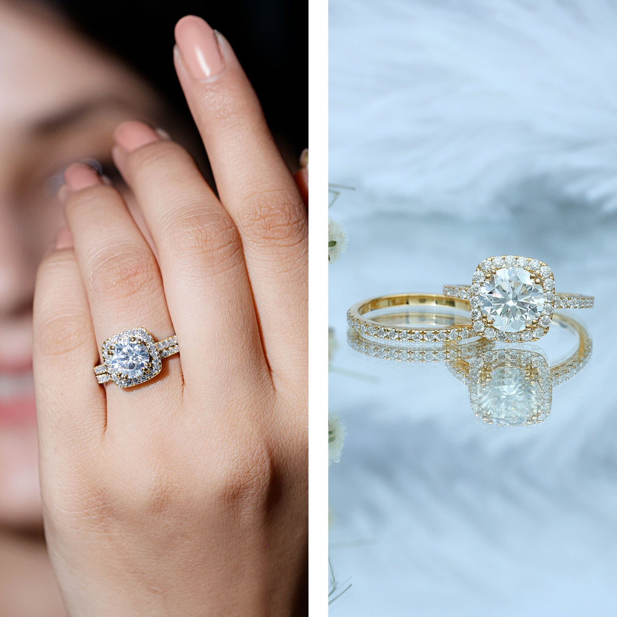 Round Certified Moissanite Wedding Ring Set with Halo D-VS1 - Rosec Jewels