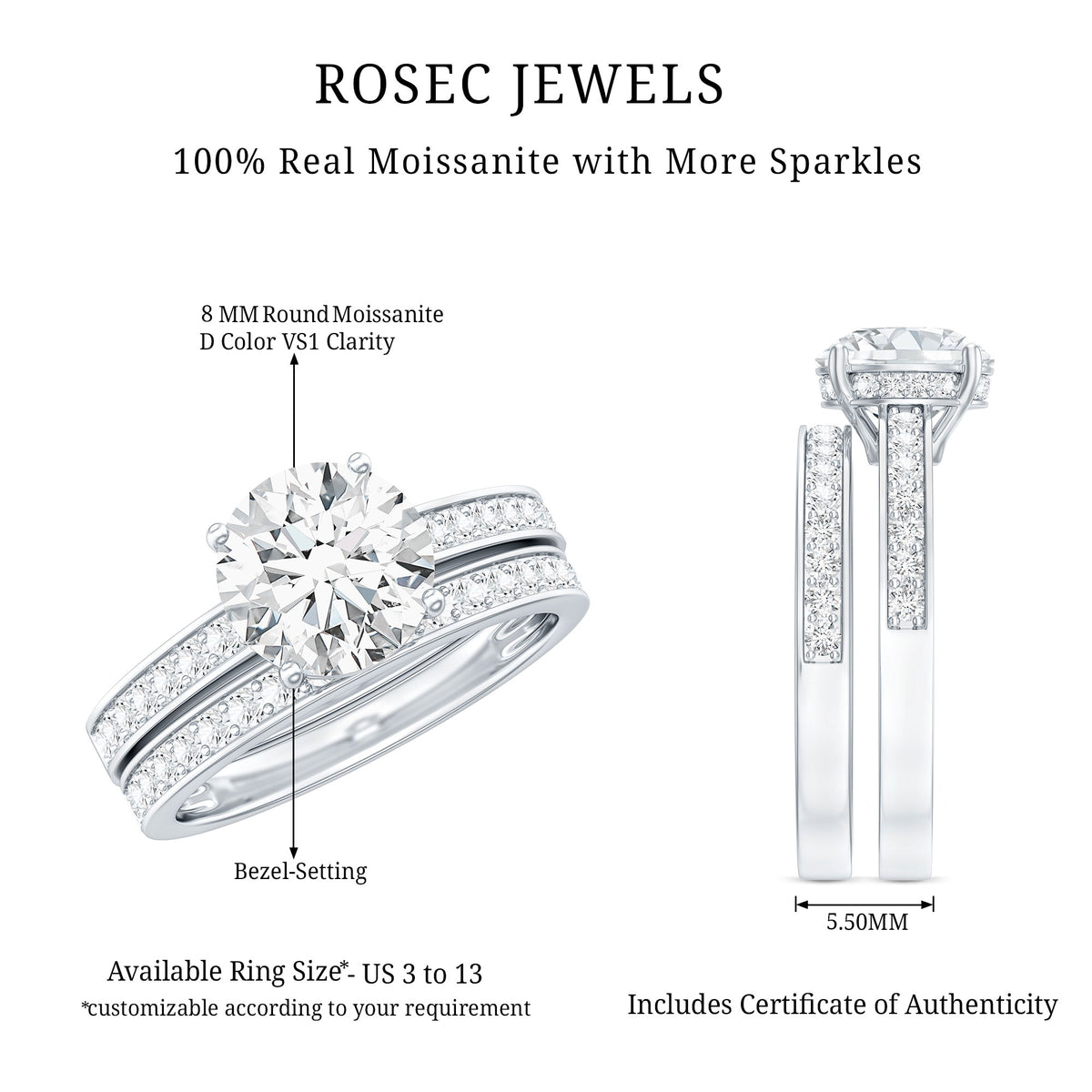 Certified 2 Carat Moissanite Solitaire Wedding Ring Set D-VS1 - Rosec Jewels