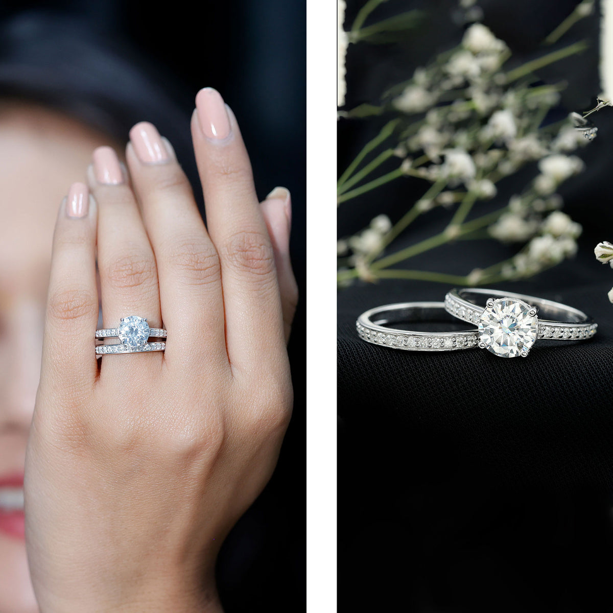 Certified 2 Carat Moissanite Solitaire Wedding Ring Set D-VS1 - Rosec Jewels