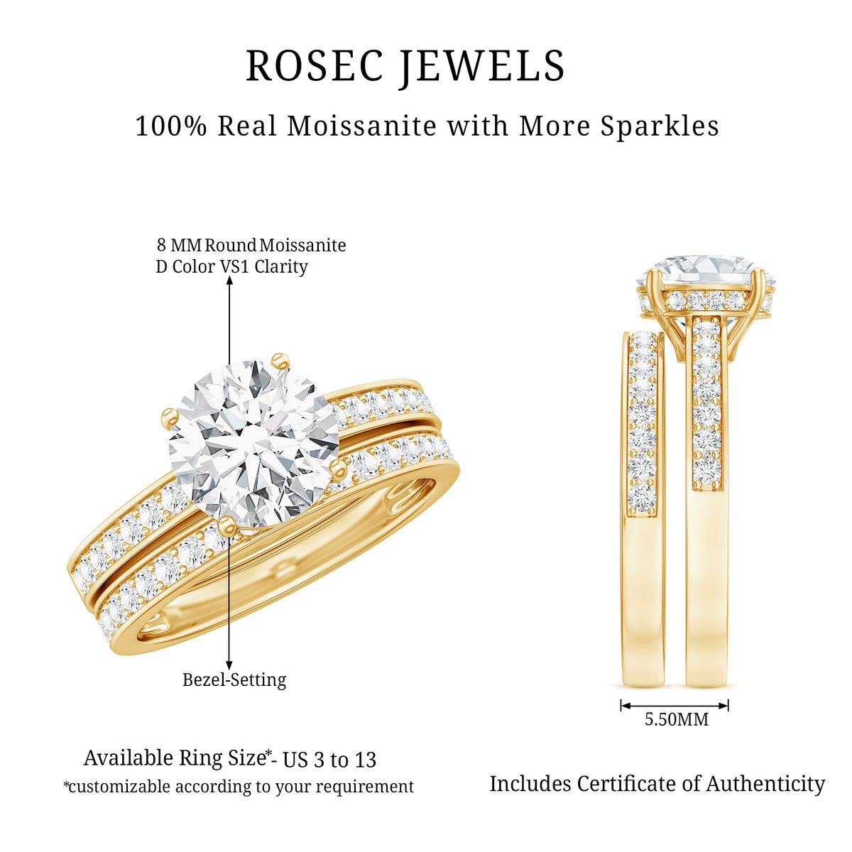 Certified 2 Carat Moissanite Solitaire Wedding Ring Set D-VS1 - Rosec Jewels