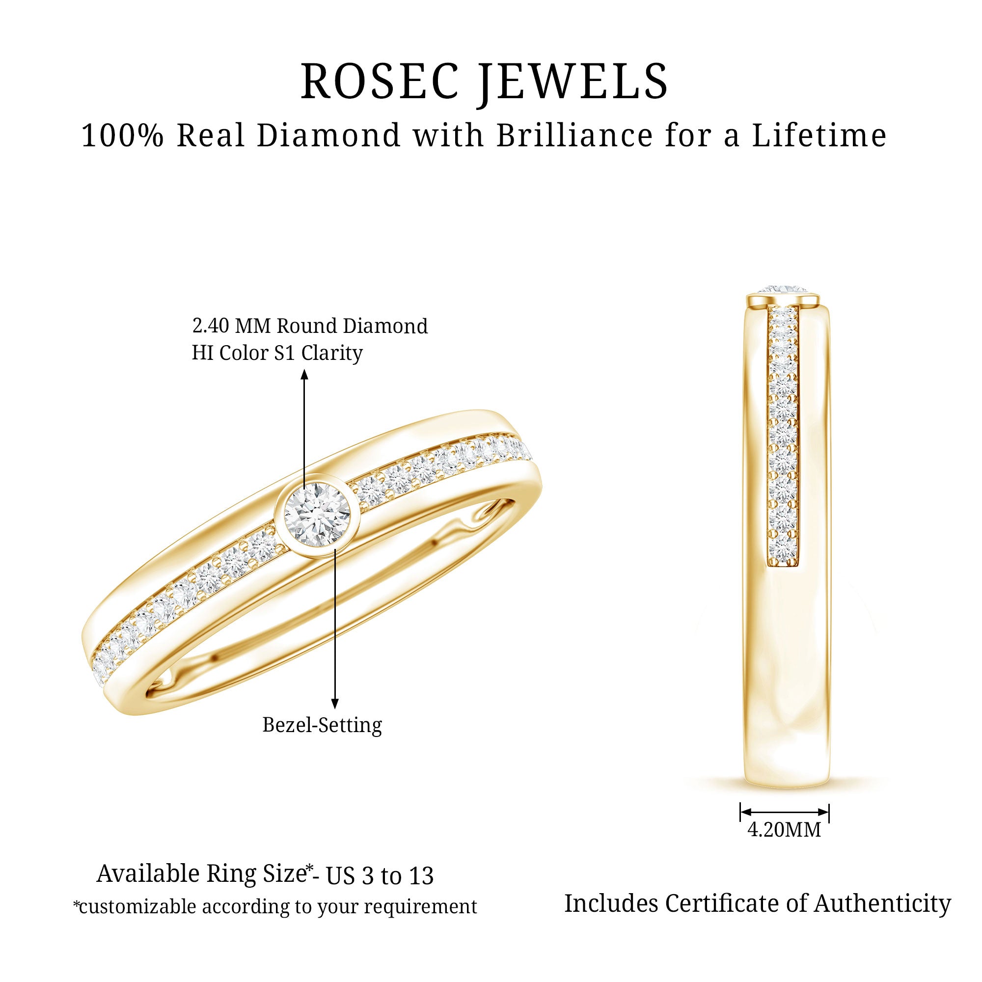 Bezel Set Diamond Unisex Wedding Band Natural - ( HI-SI ) - Rosec Jewels