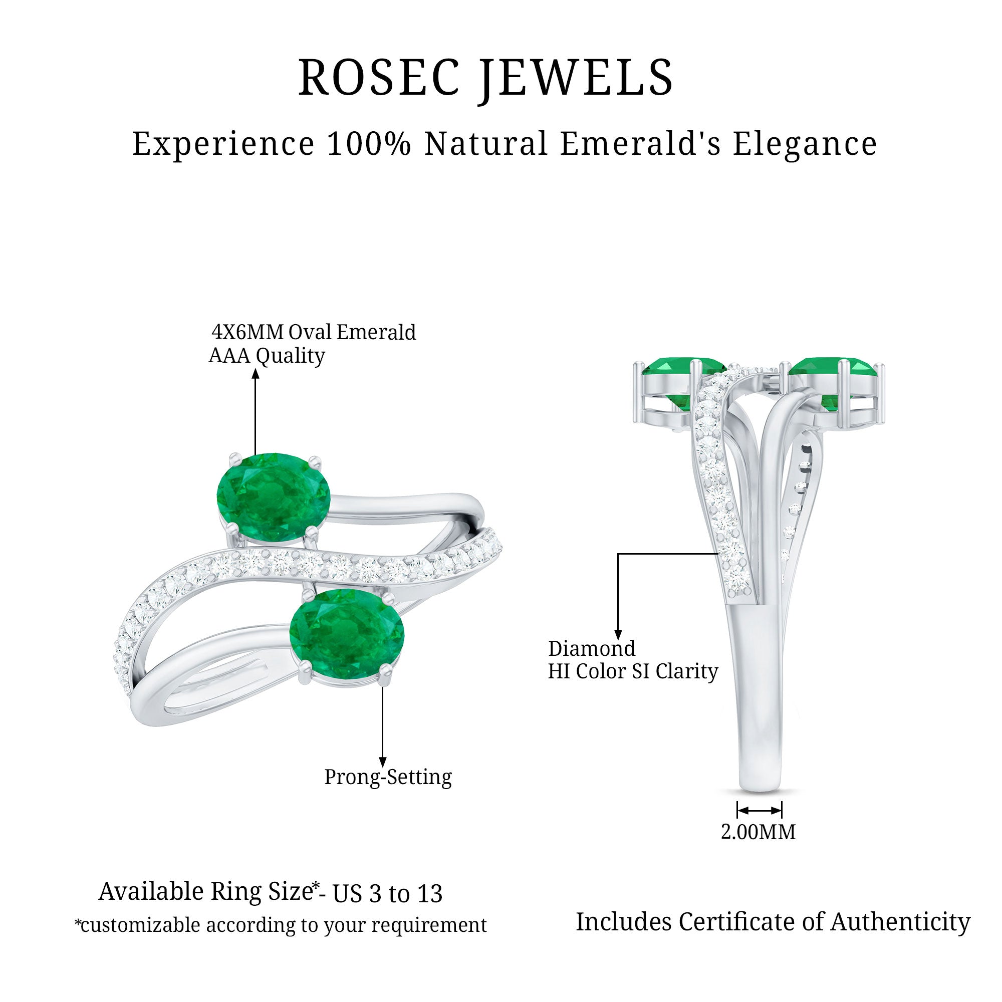 Natural Certified Emerald Two Stone Engagement Ring with Diamonds AAA - Rosec Jewels