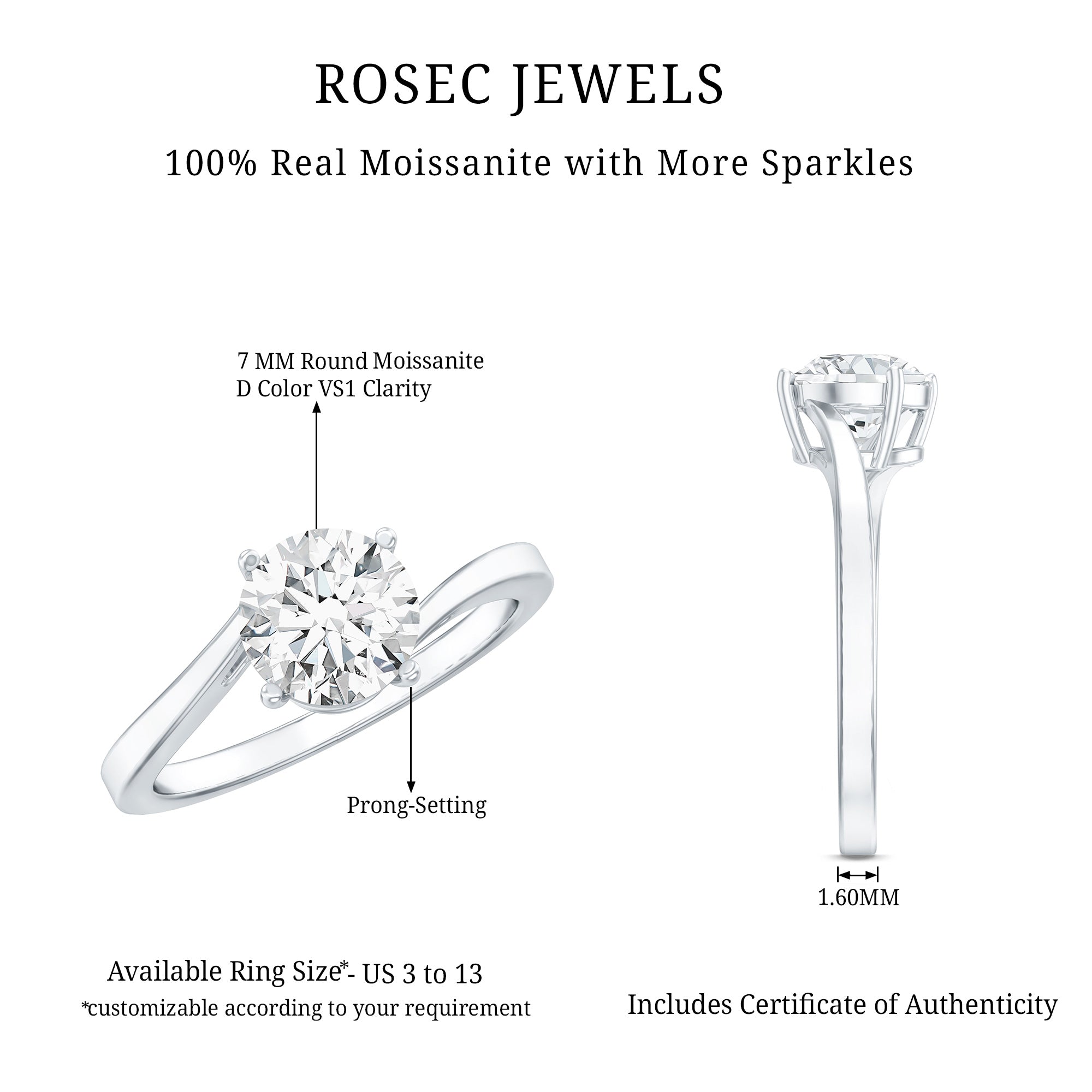 Certified Moissanite Solitaire Engagement Ring with Bypass Shank D-VS1 - Rosec Jewels