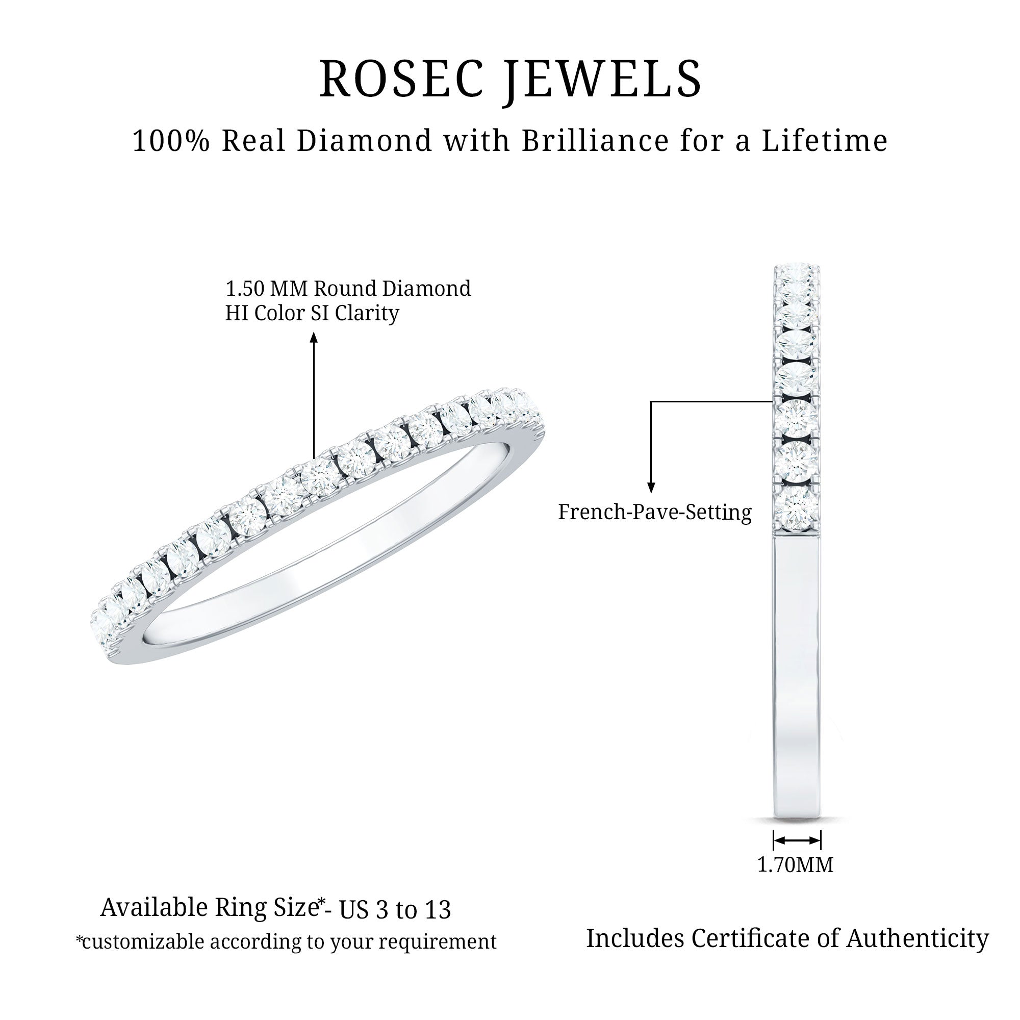 French Pave Diamond Eternity Wedding Ring Natural - ( HI-SI ) - Rosec Jewels