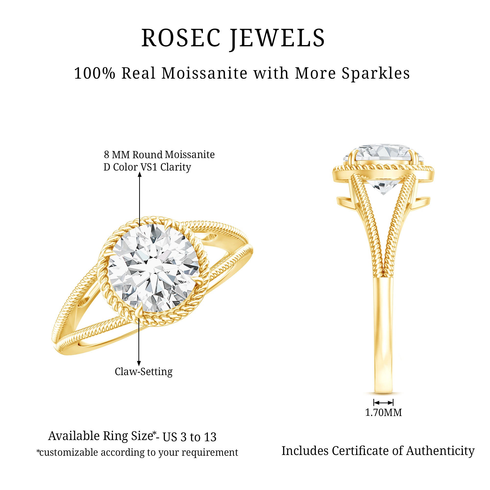 2 CT Round Cut Moissanite Solitaire Engagement Ring with Split Shank D-VS1 - Rosec Jewels