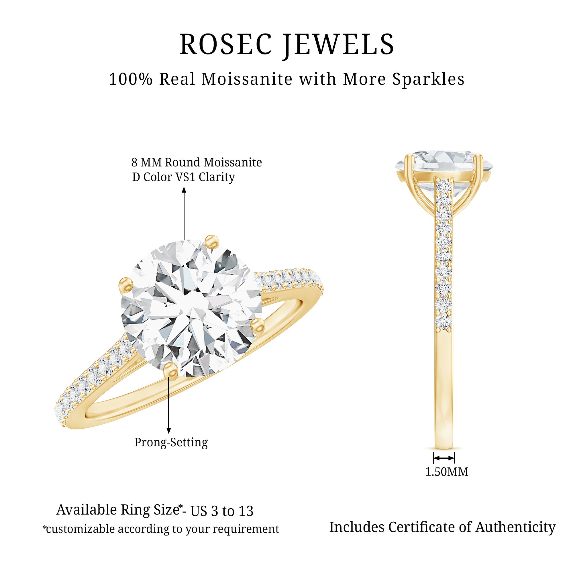 Certified Moissanite Round Cut Solitaire Ring with Side Stones D-VS1 - Rosec Jewels