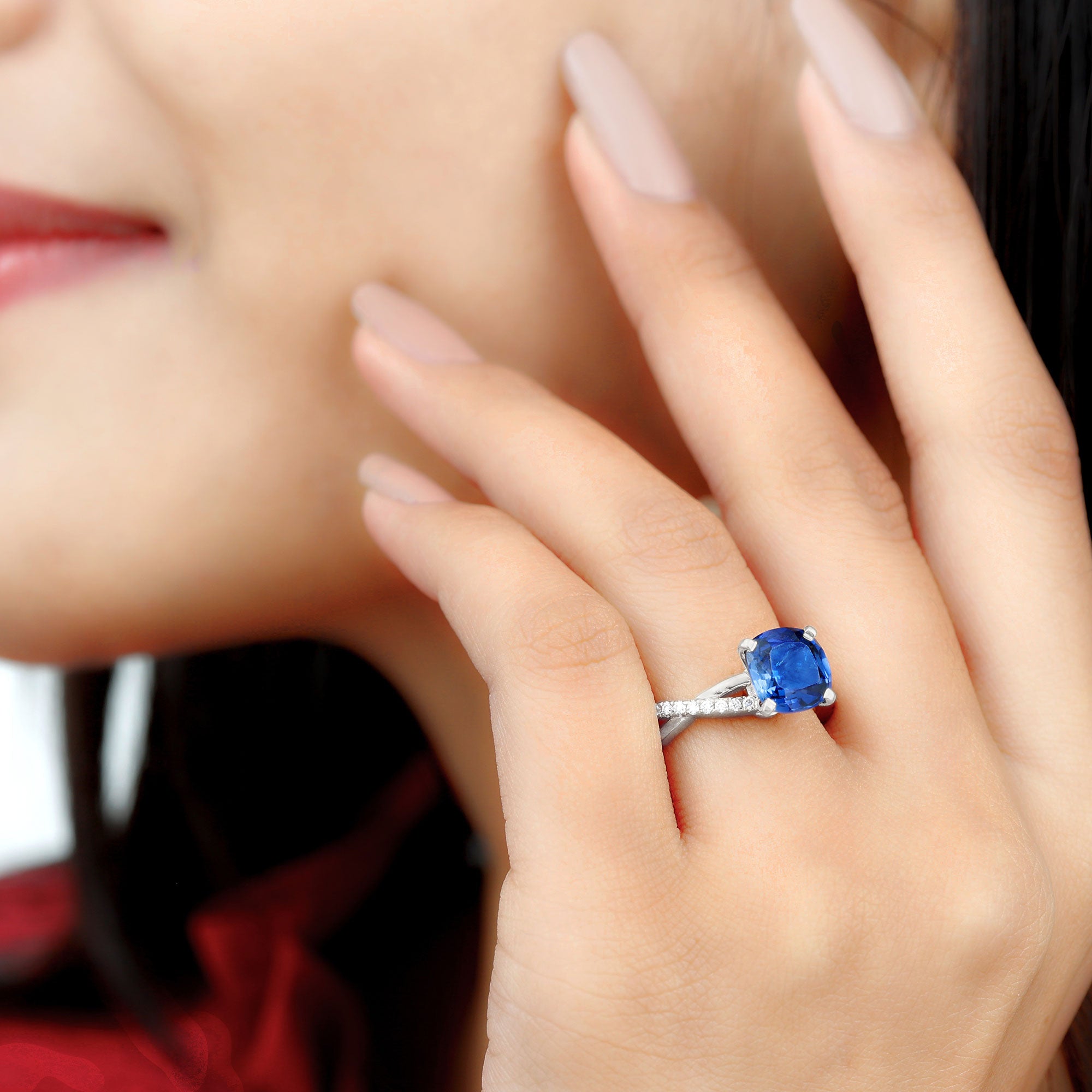 Cushion Cut Solitaire Lab Grown Blue Sapphire Infinity Engagement Ring Lab Created Blue Sapphire AAAA Quality 92.5 Sterling Silver