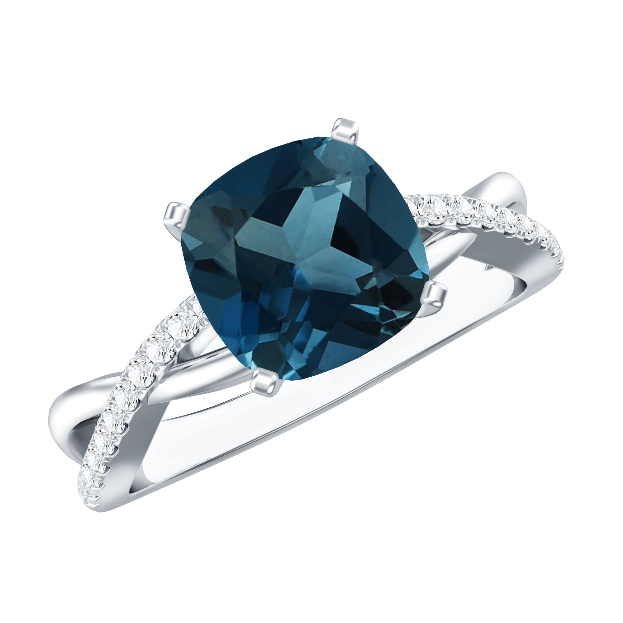 8mm Cushion Cut London Blue Topaz Solitaire Engagement Ring with Diamond Crossover Shank AAA - Rosec Jewels