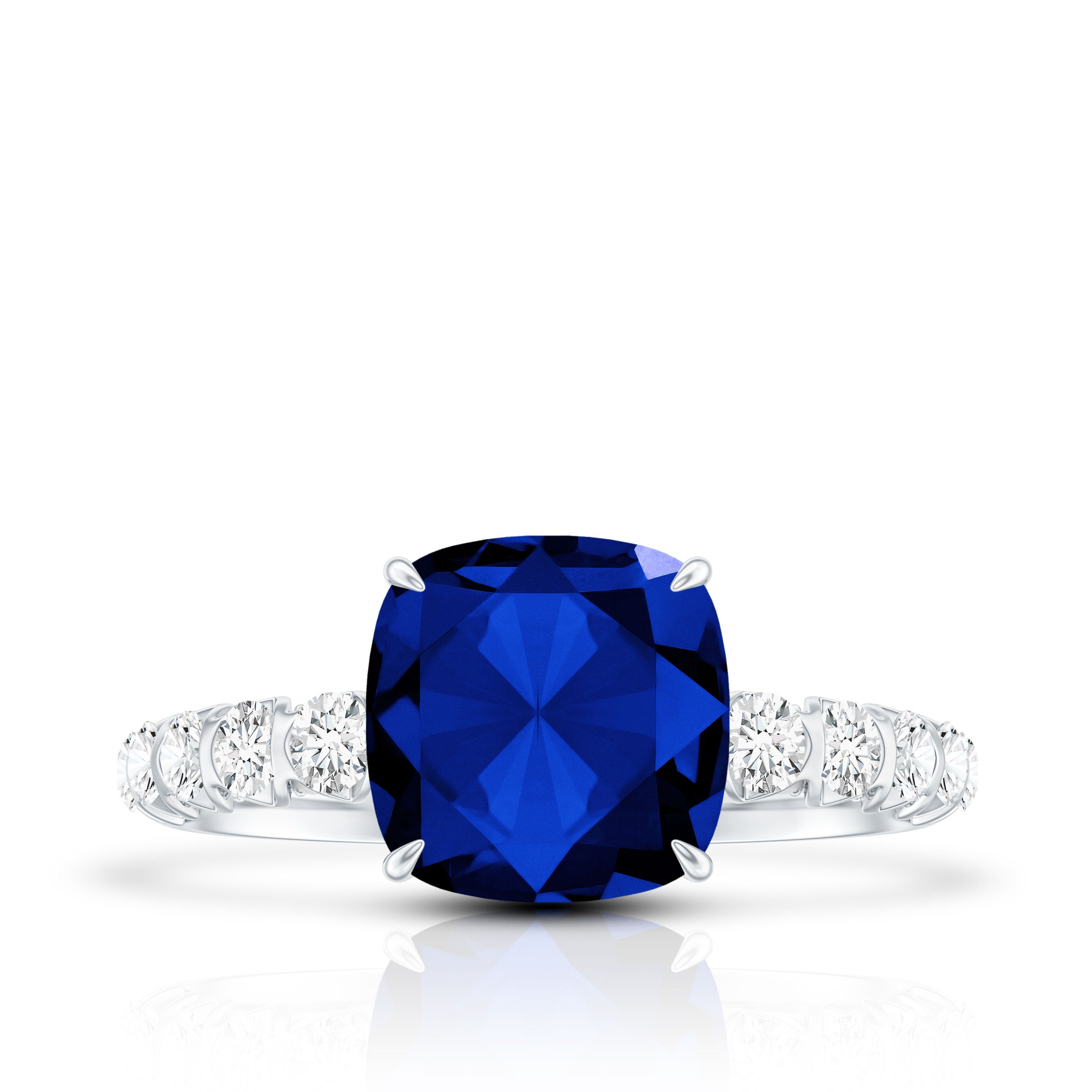 Classic 2.75 Carat Lab Grown Blue Sapphire Cushion Cut Engagement Ring with Diamond AAAA - Rosec Jewels