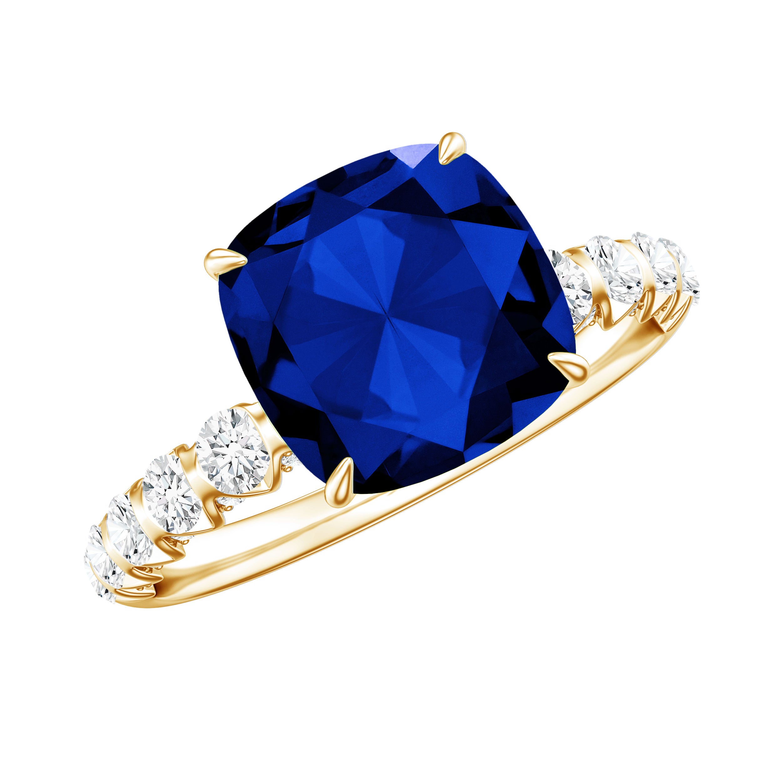 Classic 2.75 Carat Lab Grown Blue Sapphire Cushion Cut Engagement Ring with Diamond AAAA - Rosec Jewels