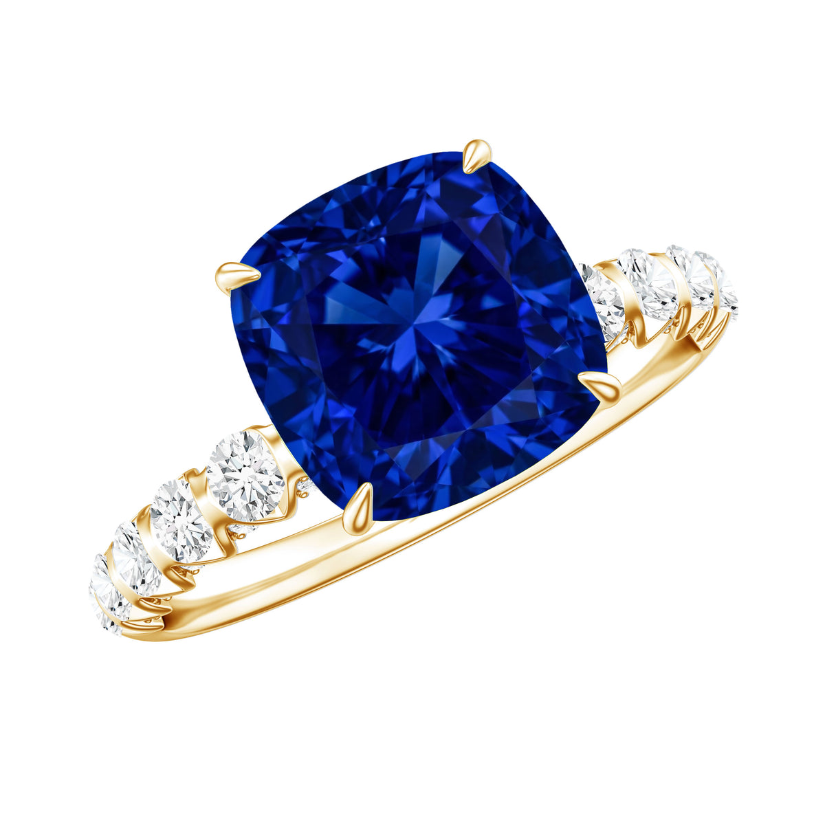 Classic 2.75 Carat Lab Grown Blue Sapphire Cushion Cut Engagement Ring with Diamond AAAA - Rosec Jewels