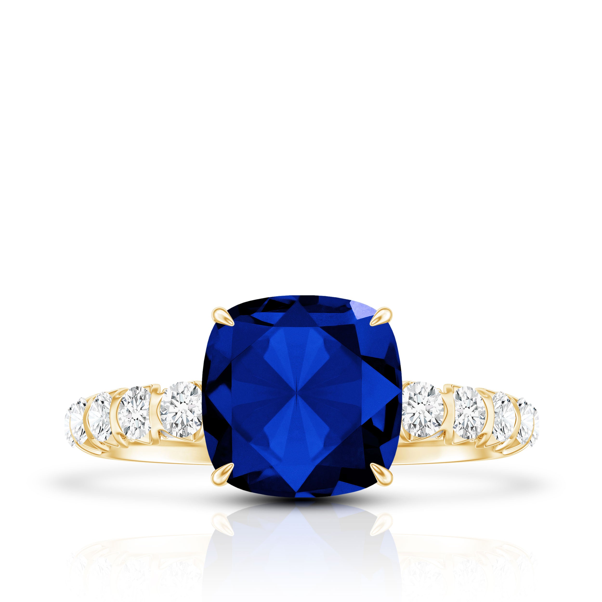 Classic 2.75 Carat Lab Grown Blue Sapphire Cushion Cut Engagement Ring with Diamond AAAA - Rosec Jewels