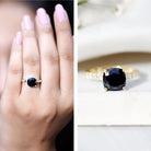 Cushion Cut Created Black Diamond and Diamond Solitaire Ring AAAA ( Synthetic ) - Rosec Jewels